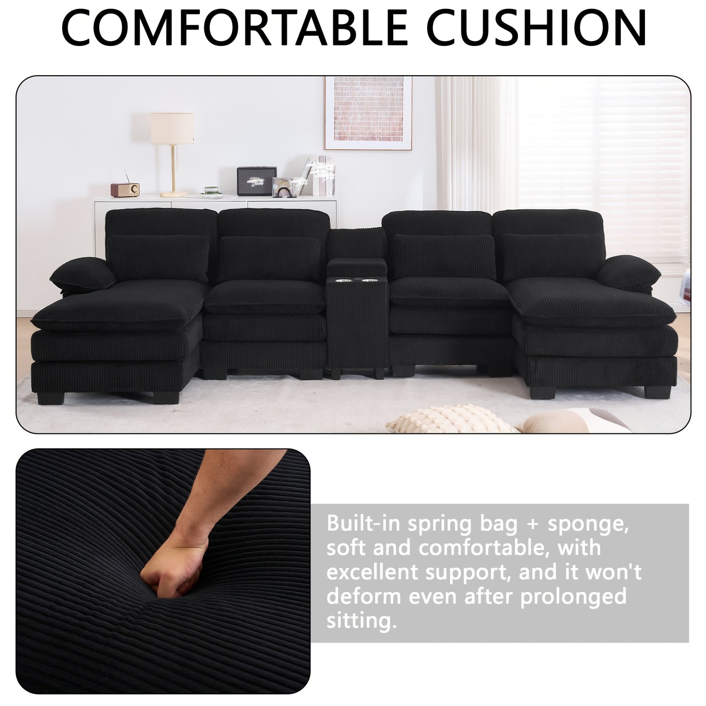 Living Room Comfort Combo Sofa, U-Shaped Cloud Sofa Combination Sofa, Modern Corduroy Modular Sofa with Recliner, Console Cup Holder