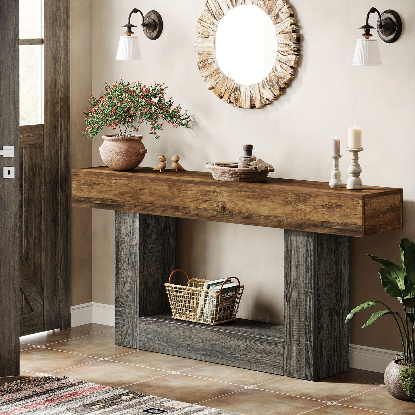 63" Modern Farmhouse Console Table with U-Shaped Base & 2-Tier Shelves - Rustic Brown & Grey Entryway Sofa Table, Engineered Wood/Particle Board, Easy Assembly, Behind Couch Table for Living Room, Hallway, Foyer