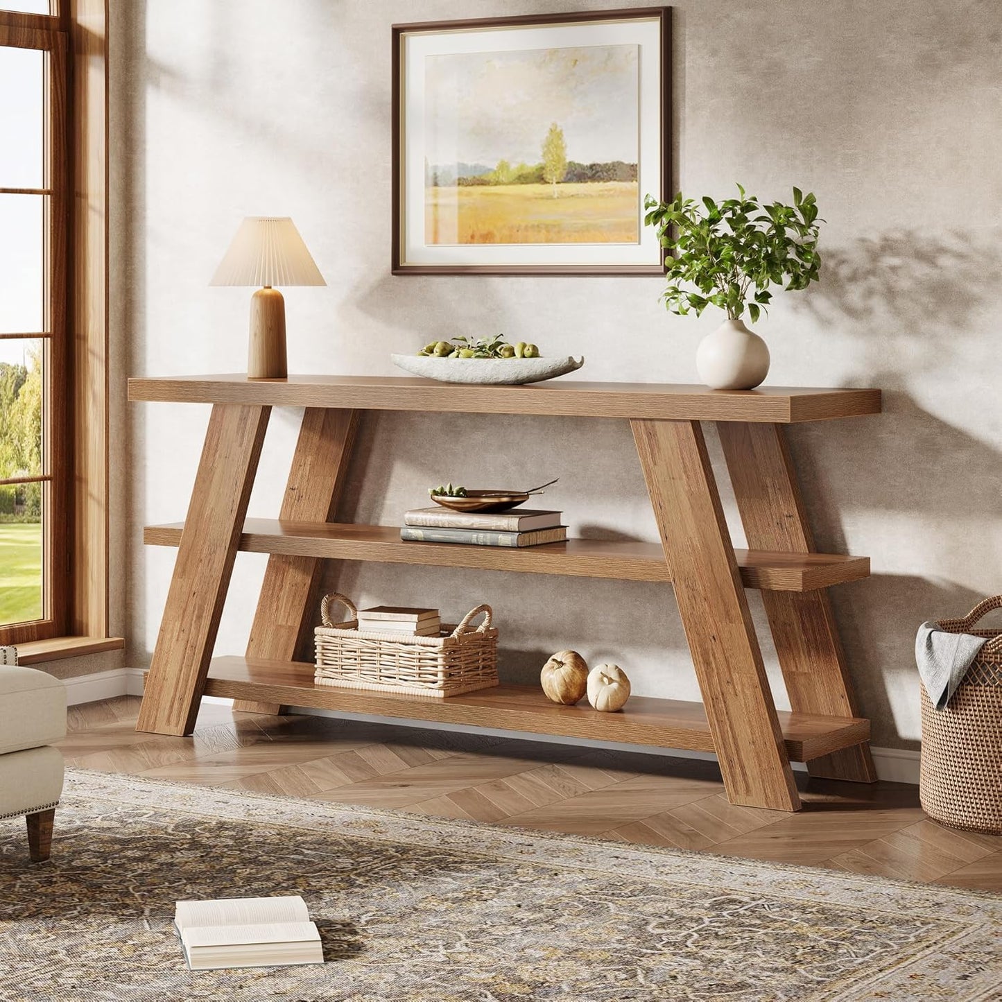 70.9" Extra Long Farmhouse Console Table with 3-Tier Storage - Narrow Sofa Table Behind Couch, Engineered Wood Entryway Hallway Table with Spacious Top & Lower Shelf, Easy Assembly, Brown for Living Room, Foyer, Behind Sofa -
