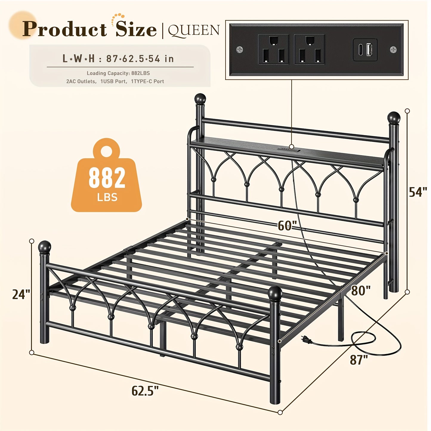 Metal Bed Frame With LED Lights, Twin/Full/Queen/King Size Bed Frame With Headboard, Heavy Duty Sturdy Mattress Foundation With Storage Space, Strong Metal Slats Support, Noise Free, No Box Spring Needed, Black
