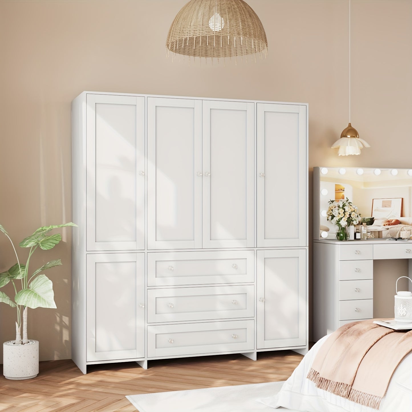 47"/63" Large Modern Armoire Wardrobe Closet with Mirror Door, Hanging Rod, Drawers & Shelves - -Standing Dresser Suitable for Bedroom, Assembly, Wood & MDF