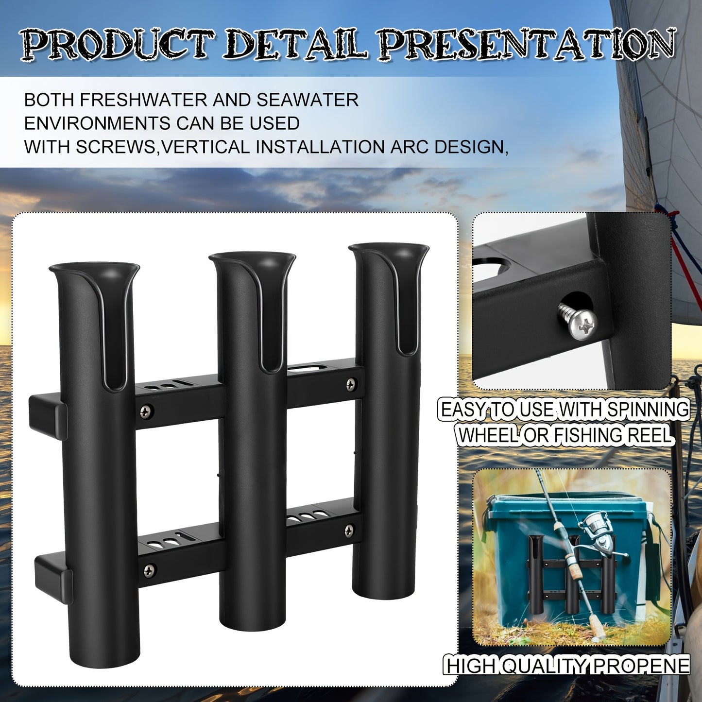 3pcs Fishing Rod Holder Bracket Tube 3 Rod Rack Wall Mounted 10.63 Inch Fishing Pole Holders for Boats with Screws Nuts Side Mount for Boat Truck Kayak Garage (Black)