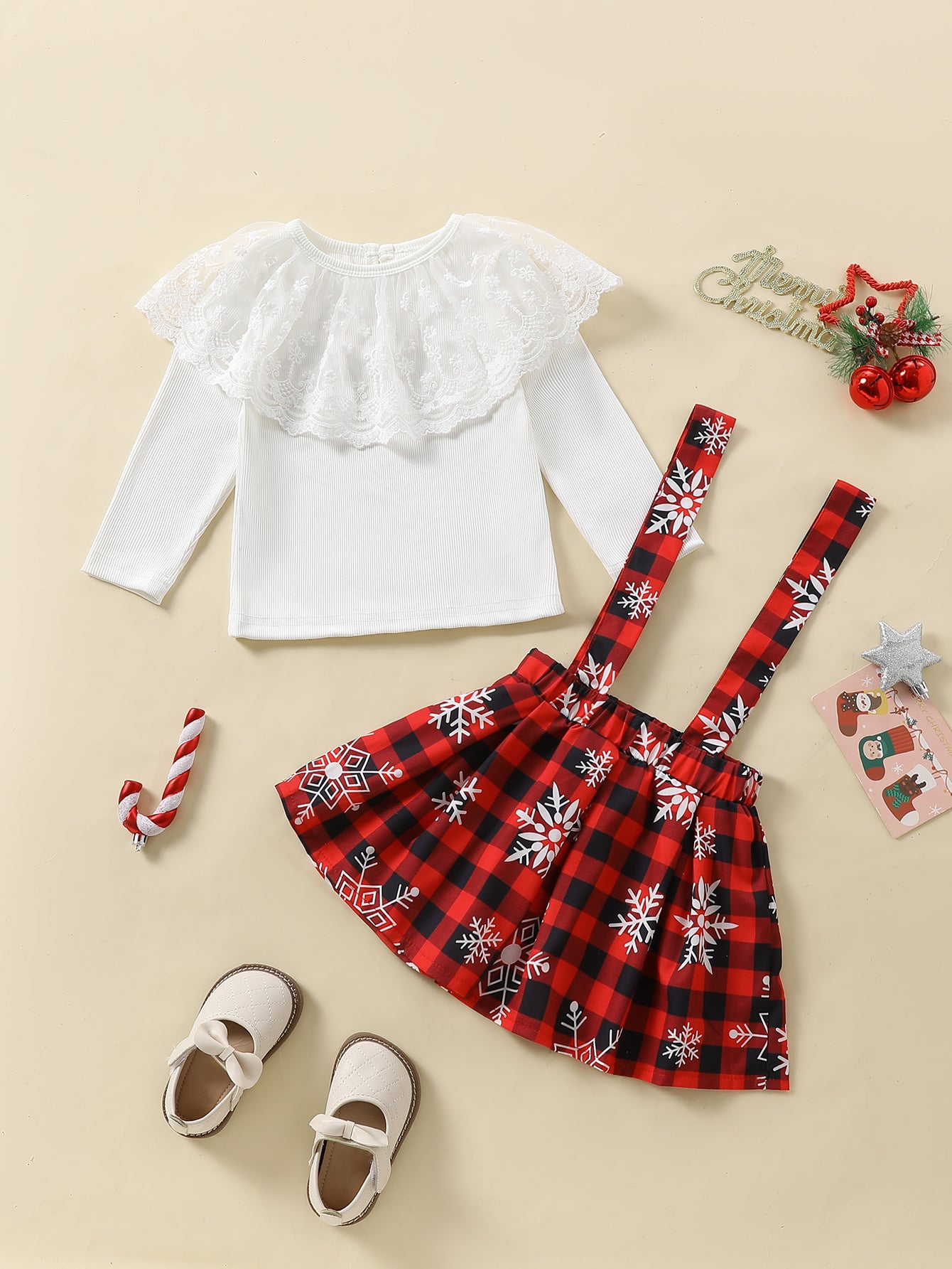 Girls' Winter Outfit Set - Lace Trim Knit Top & Plaid Snowflake Skirt with Red/ Pattern, Warm Long Sleeve Suspender Dress for Christmas, New Year's, Everyday - Easy-diaper-change Girls Clothing, for Outdoor