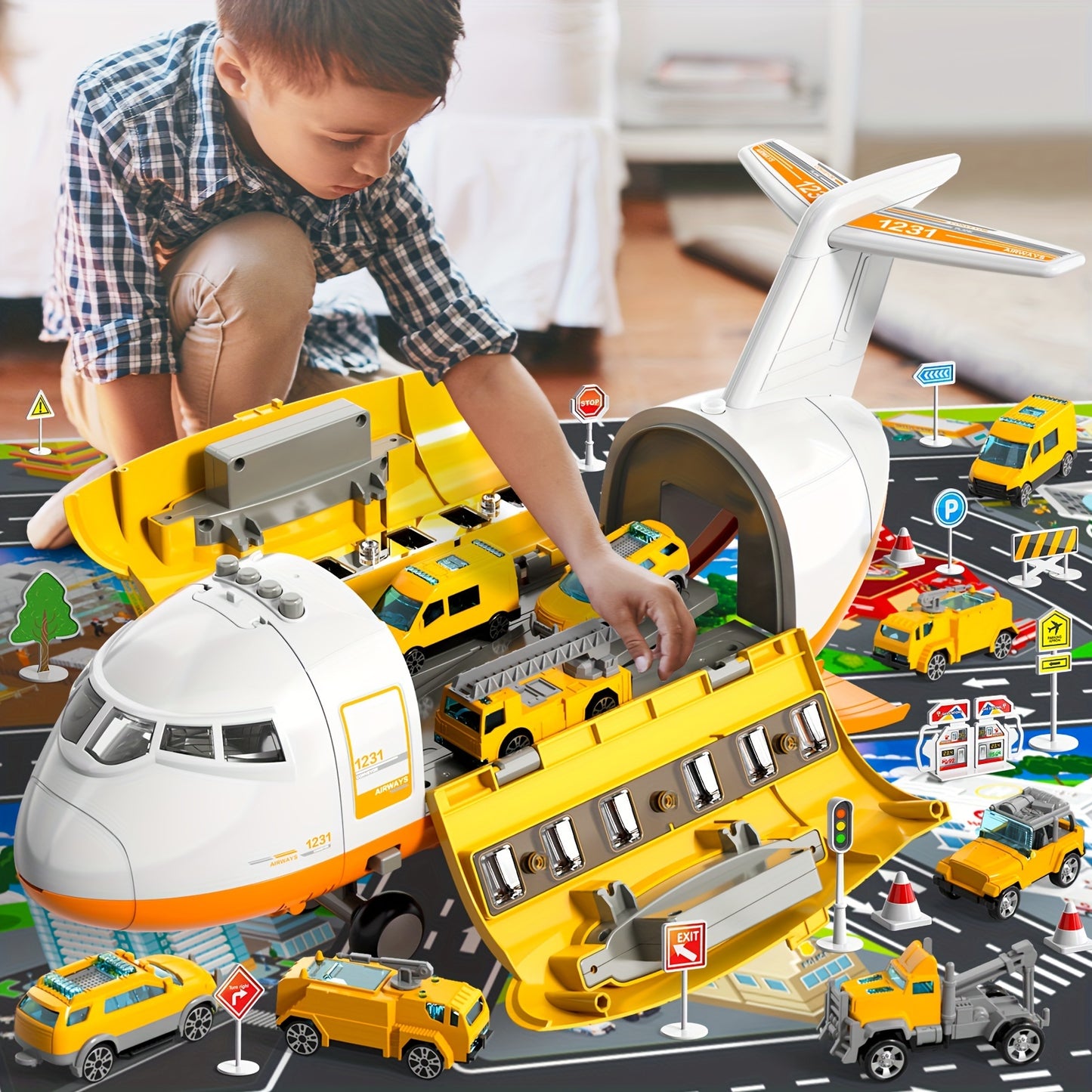 Educational Airplane with Steam Lights and 4 Cars in Yellow - Colorful Box Set