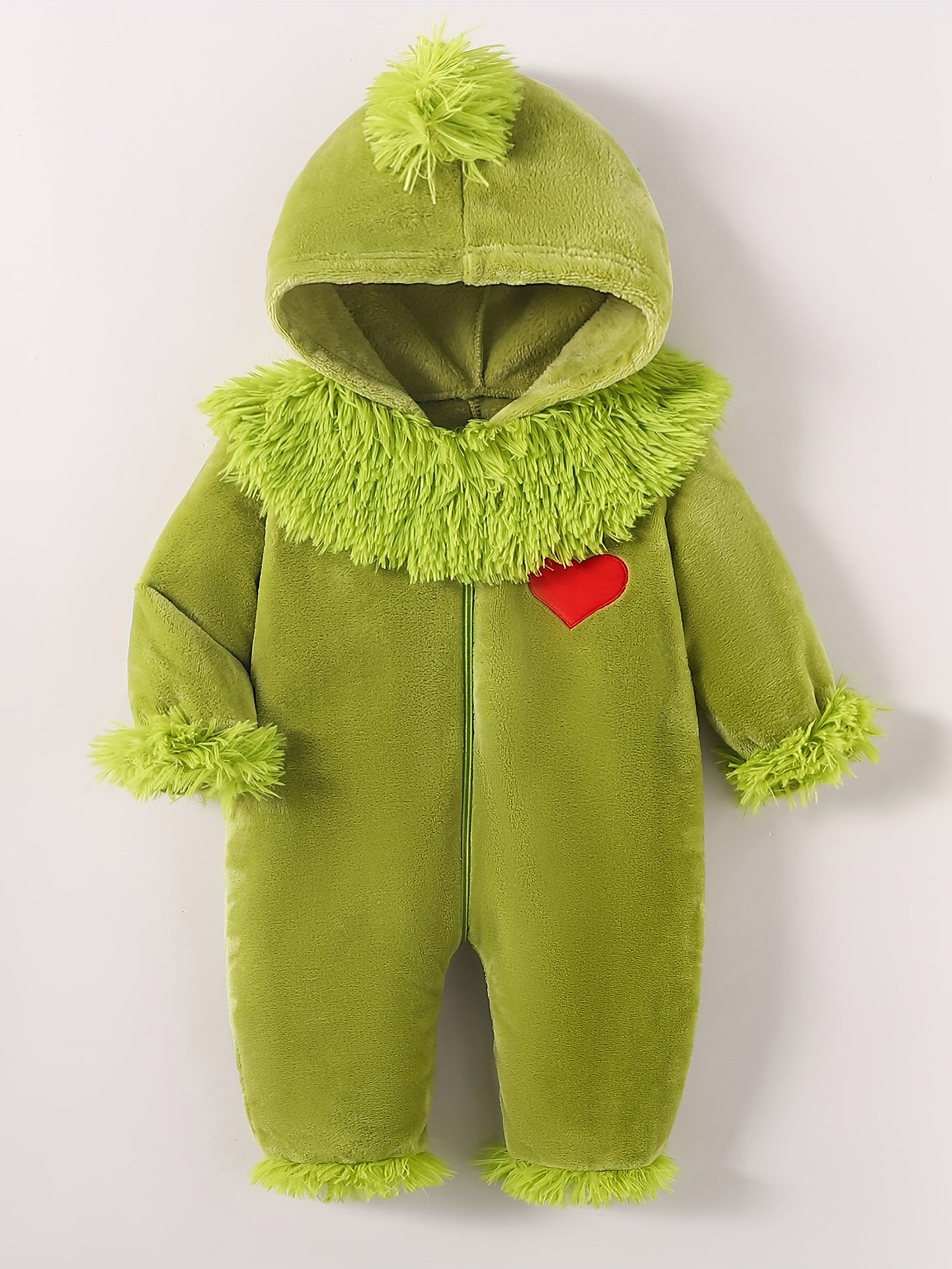 Infant Baby Boy & Girl Green Monster - Furry Hooded Zipper Jumpsuit with Plush Trim, Soft Fuzzy Outfit with Heart Cutouts & Fluffy Ears for Christmas, Birthday Party, Everyday Play - Easy-Care Monster Romper ( to 12m) - Hand