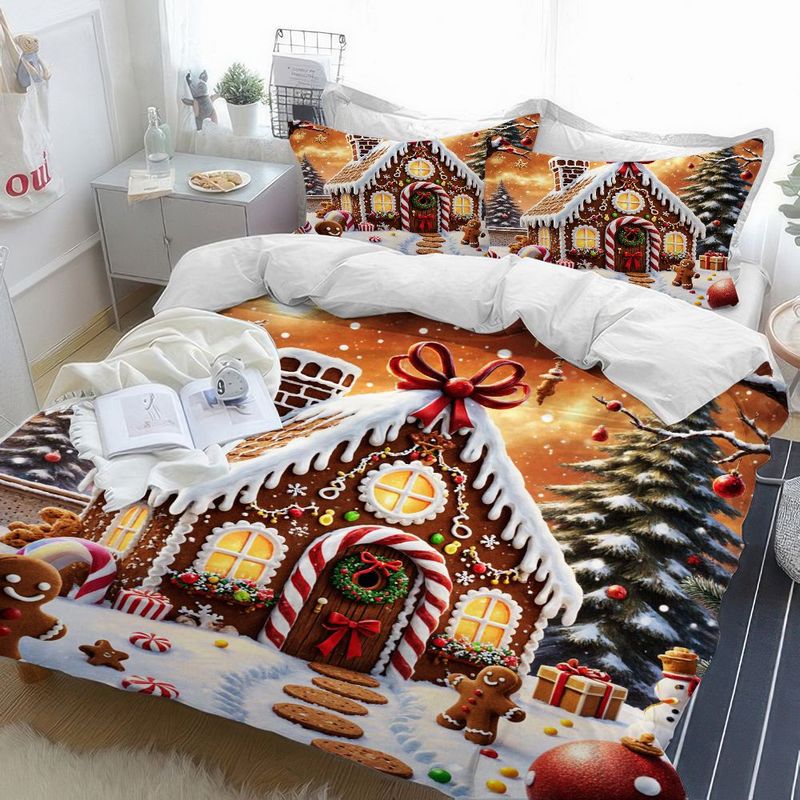 3pcs Christmas Gingerbread House Duvet Cover, Winter Holiday Bedding with Pillowcases, Xmas Snow Scene Quilt, Festive Bedroom Decor, Soft Microfiber Fabric 1 Duvet Cover+2 Pillowcases,  Holiday Theme, Cozy Winter Decor, Highq