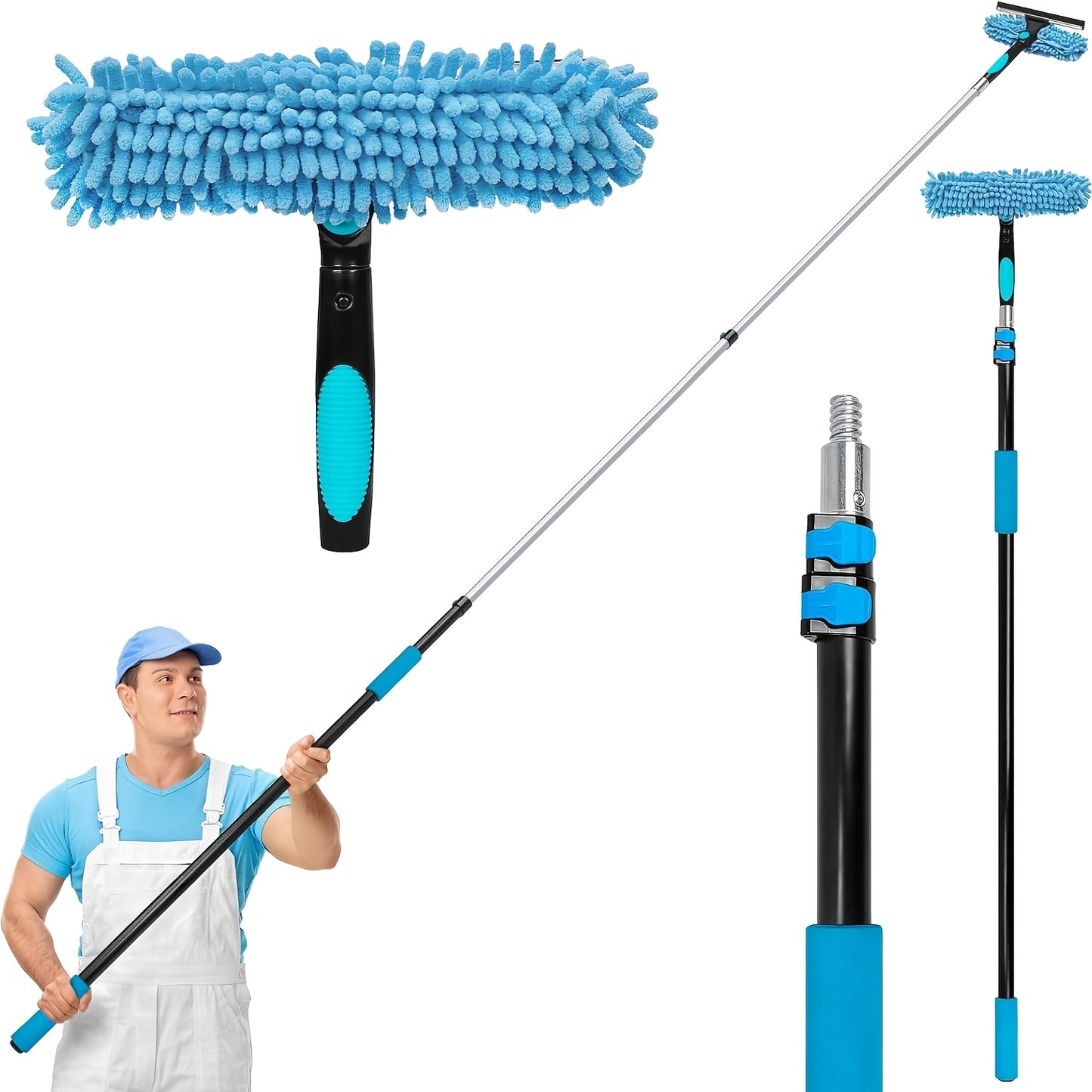 Professional-Grade Adjustable 5-12ft Window Washing Kit with Telescopic Pole & Heavy-Duty Alloy High Reach Window Cleaner Tool - 2-in-1 Squeegee for Indoor/Outdoor Use, for, Commercial & Multi- (Available 365 Days)