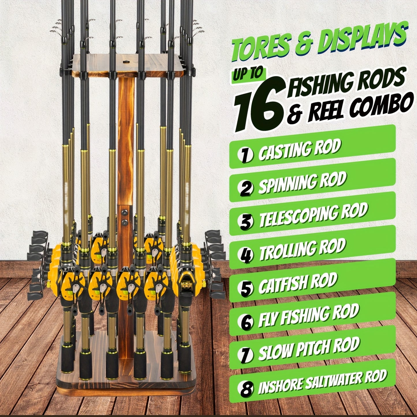 ATRURAL NEW Style 360° Rotating Wooden Rod Rack Fits 16 Fishing Poles | Garage Space-Saving Fishing Organizer Gifts for Men And Women