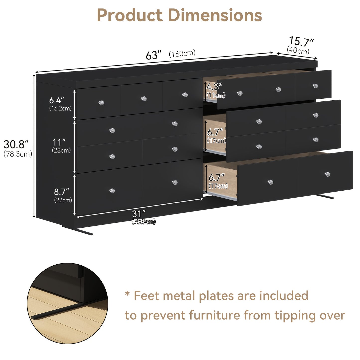 6-Drawer Wide Dresser with Extra Deep Drawers - Wide Cabinet Suitable for, Hallway, TV Stand | Modern 6-Drawer Storage Unit with Deep Drawers | Black/White | MDF & (Assembly Required)