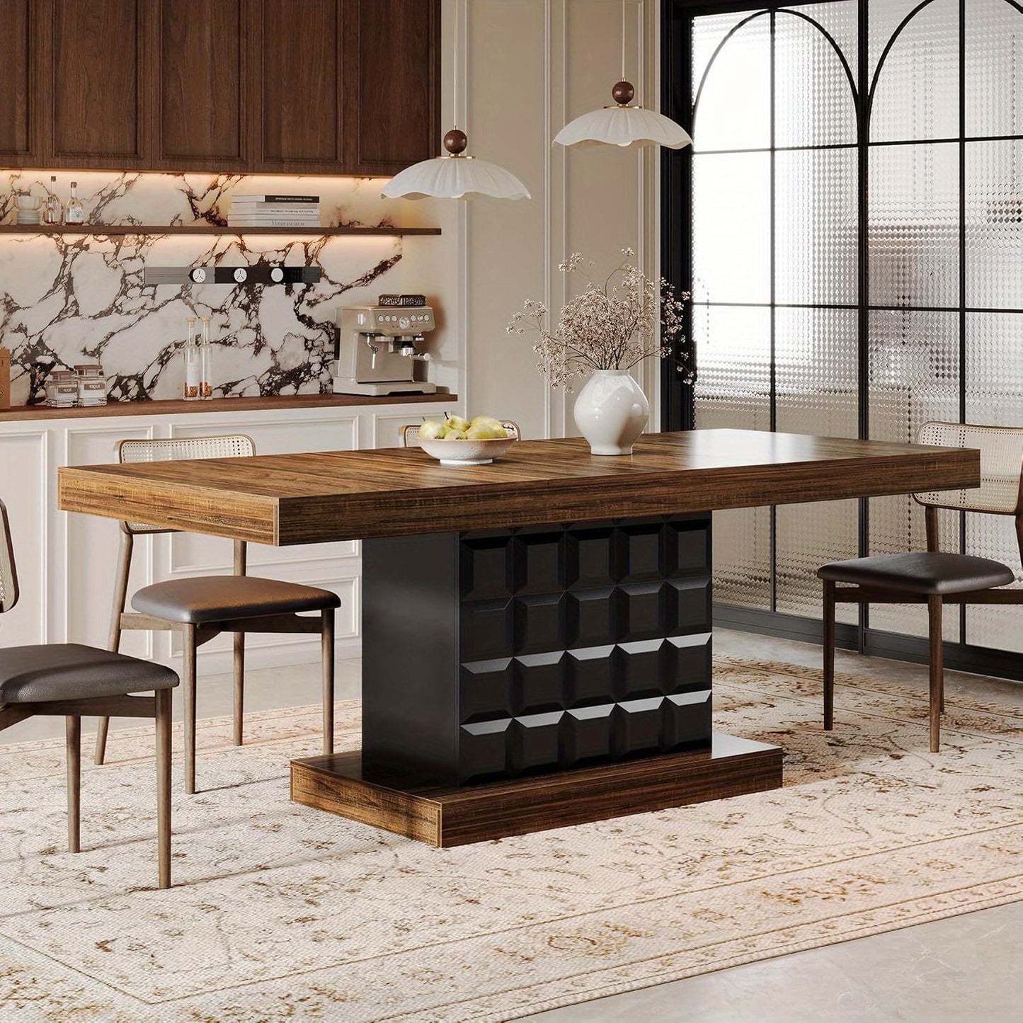 63" Farmhouse Dining Table Extension - Modern Rectangular Kitchen Table for 4-6 people with Brown Wood-like top & Sturdy Pedestal Base, Heavy-Duty MDF Construction, Easy Assembly - Perfect for Dining Room, Kitchen, or Enterta