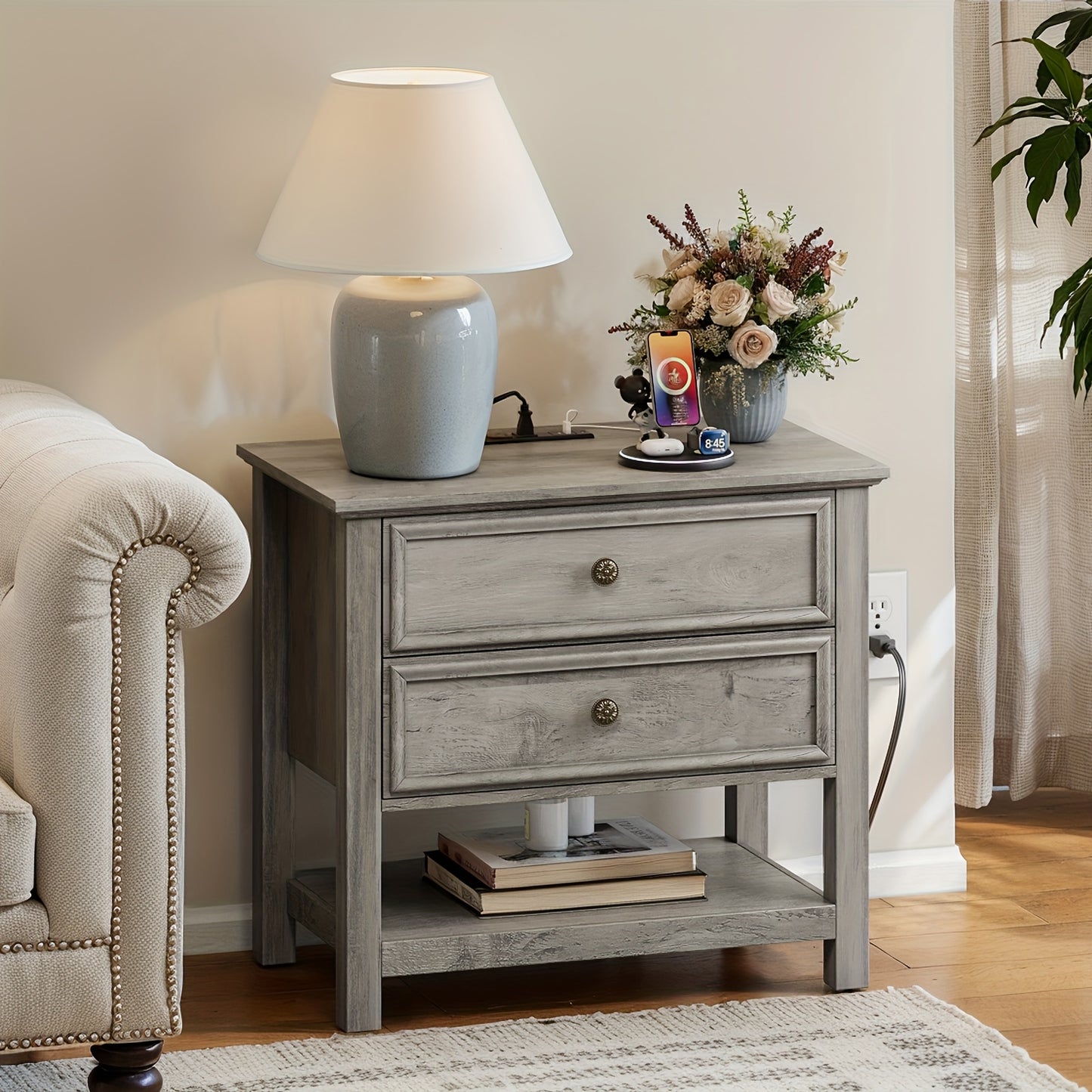 One Or Two Bedside Tables with Charging Docks, a Double-Drawer Dresser for The Bedroom, a Bedside Table with Storage Features, a Three-Tier Open Shelf Bedside Table for The Living Room, Multifunctional Furniture, And a Wooden