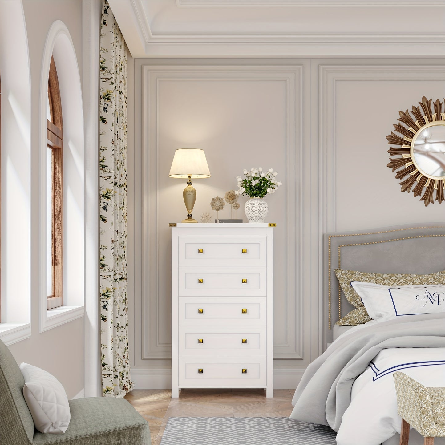 Dresser for Bedroom, Vertical 5 Drawer Dresser, Tall Wood Dresser Storage Organizer, Modern Narrow Slim Nightstand Bedside Table of Drawers for Hallway, Living Room, Dorm, Entryway