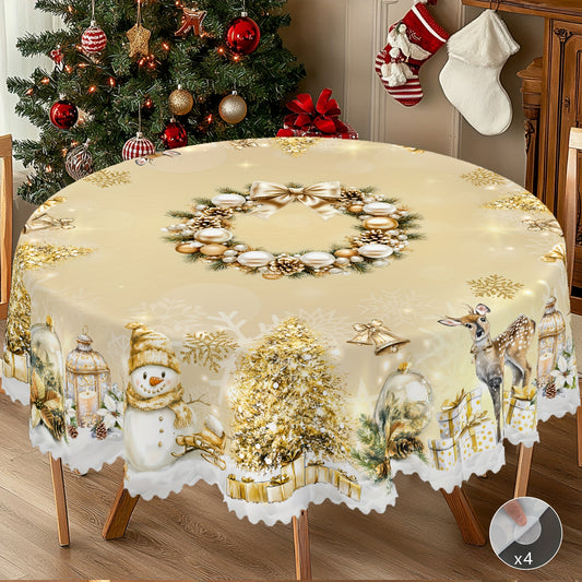 1pc Golden Christmas Happy Theme Printed Tablecloth, Retro Farmhouse Style, Snowman, Elk, Christmas Tree Pattern Design, Christmas, New Year Party, Party Decoration, Kitchen Accessories, Room and Outdoor Decoration, Gift for