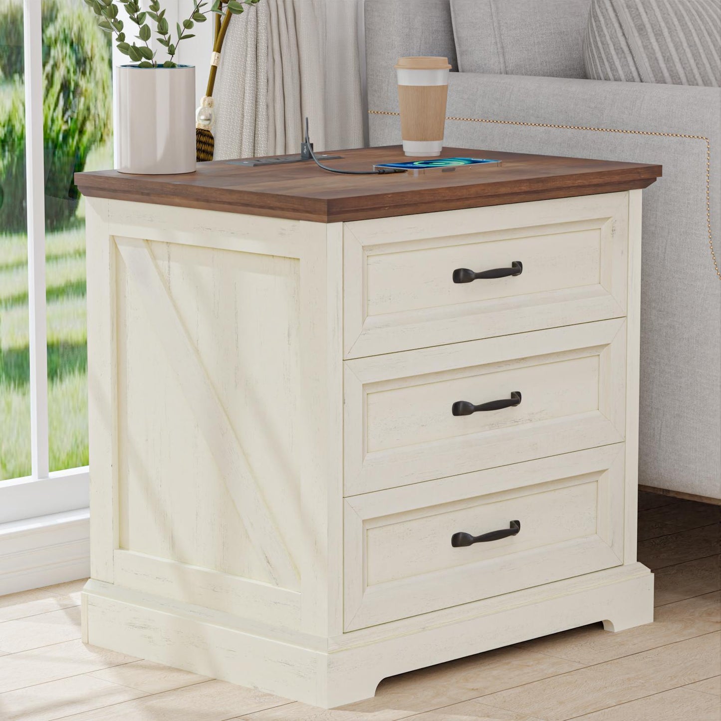 Wooden Bedside Table Featuring a Charging Station, Equipped with Three Drawers And Metal Handles, Perfect for Bedroom Storage.