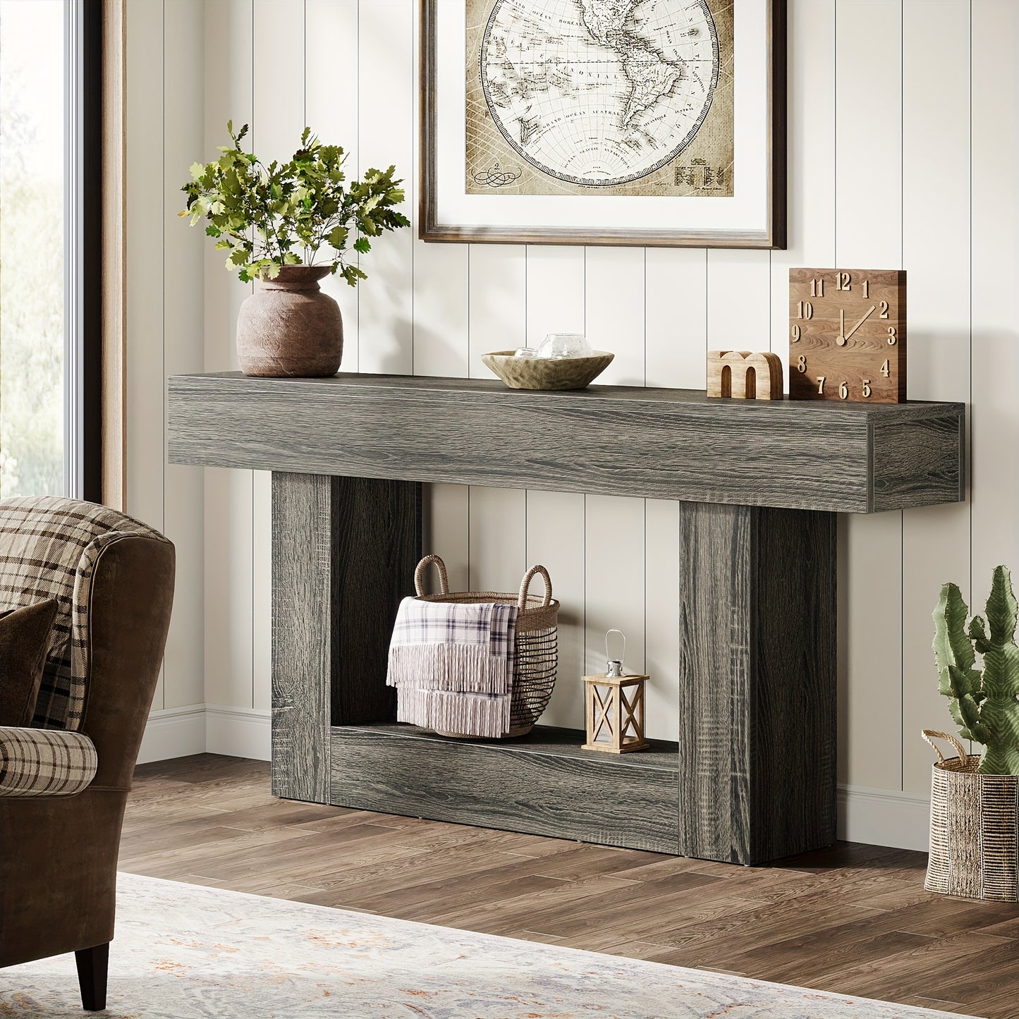 63" Modern Farmhouse Console Table with U-Shaped Base & 2-Tier Shelves - Rustic Brown & Grey Entryway Sofa Table, Engineered Wood/Particle Board, Easy Assembly, Behind Couch Table for Living Room, Hallway, Foyer