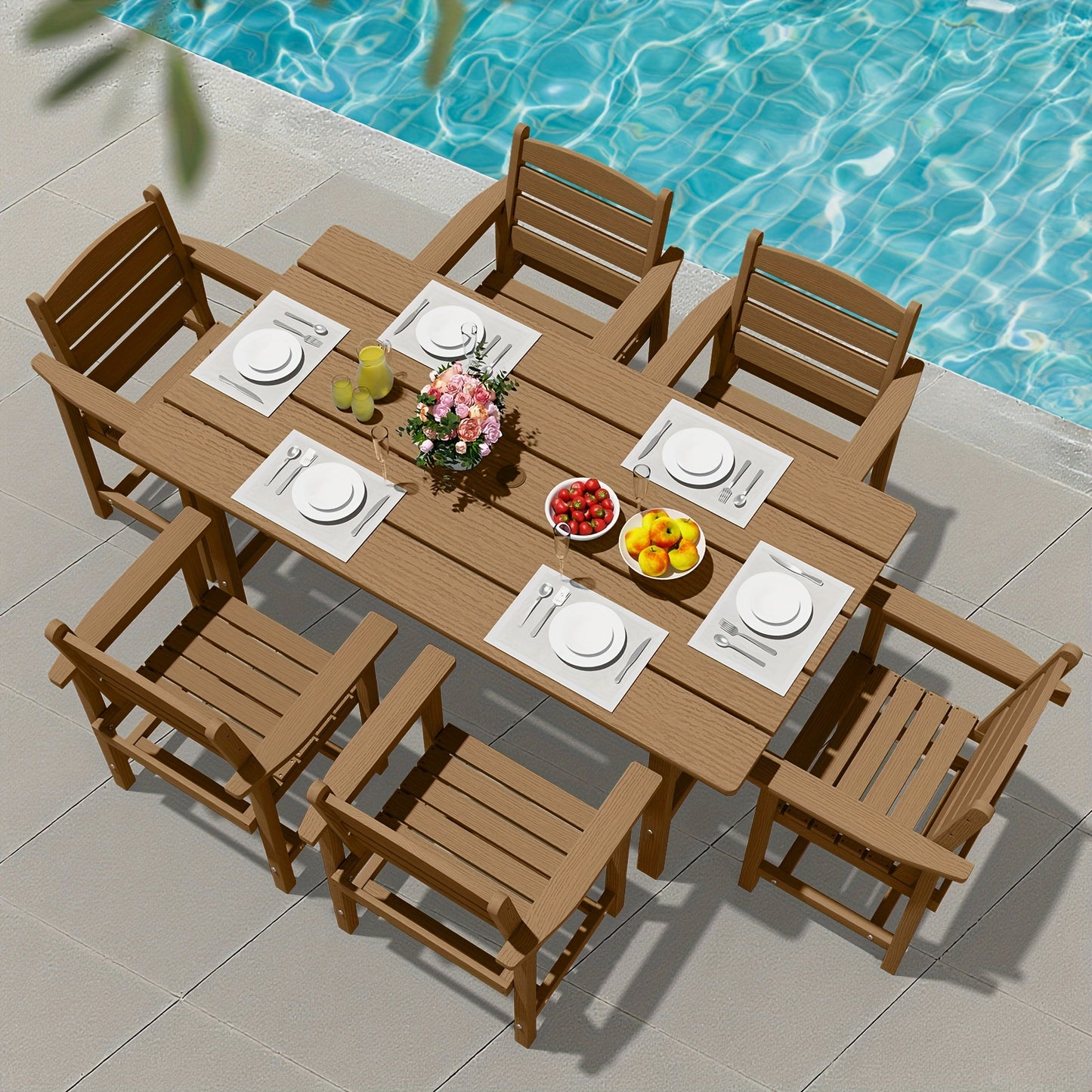 Outdoor HDPE Dining Set, 7pcs Outdoor Furniture with Large Table& 6 Chairs, All-Weather Patio Dining Set for Lawn, Garden, Backyard, Poolside