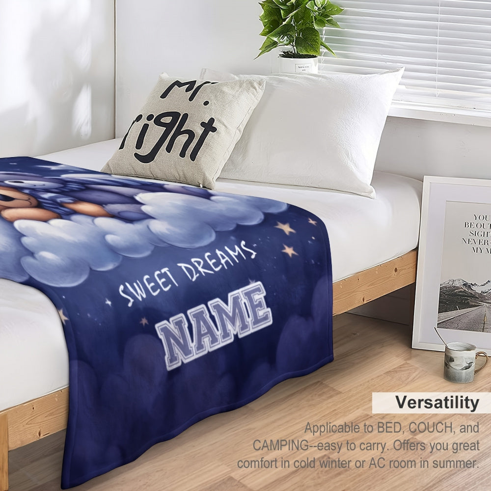 1pc[Personalized Bear Blanket] Soft, Lightweight Personalized Bear Themed Patterned Blanket with Customized Name| Suitable for Sofas, Beds, Outdoor| Perfect Birthday And Holiday