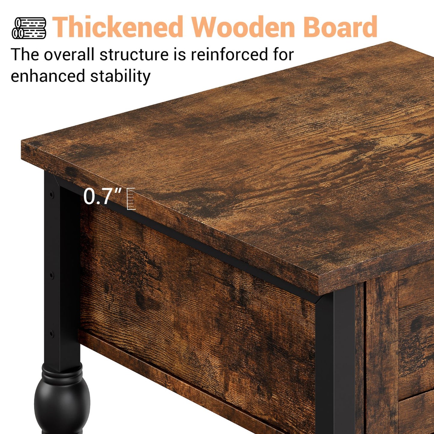 Industrial Style End Table in Brown, 2-Tier with Drawer for Bedroom, Living Room, and Compact Spaces