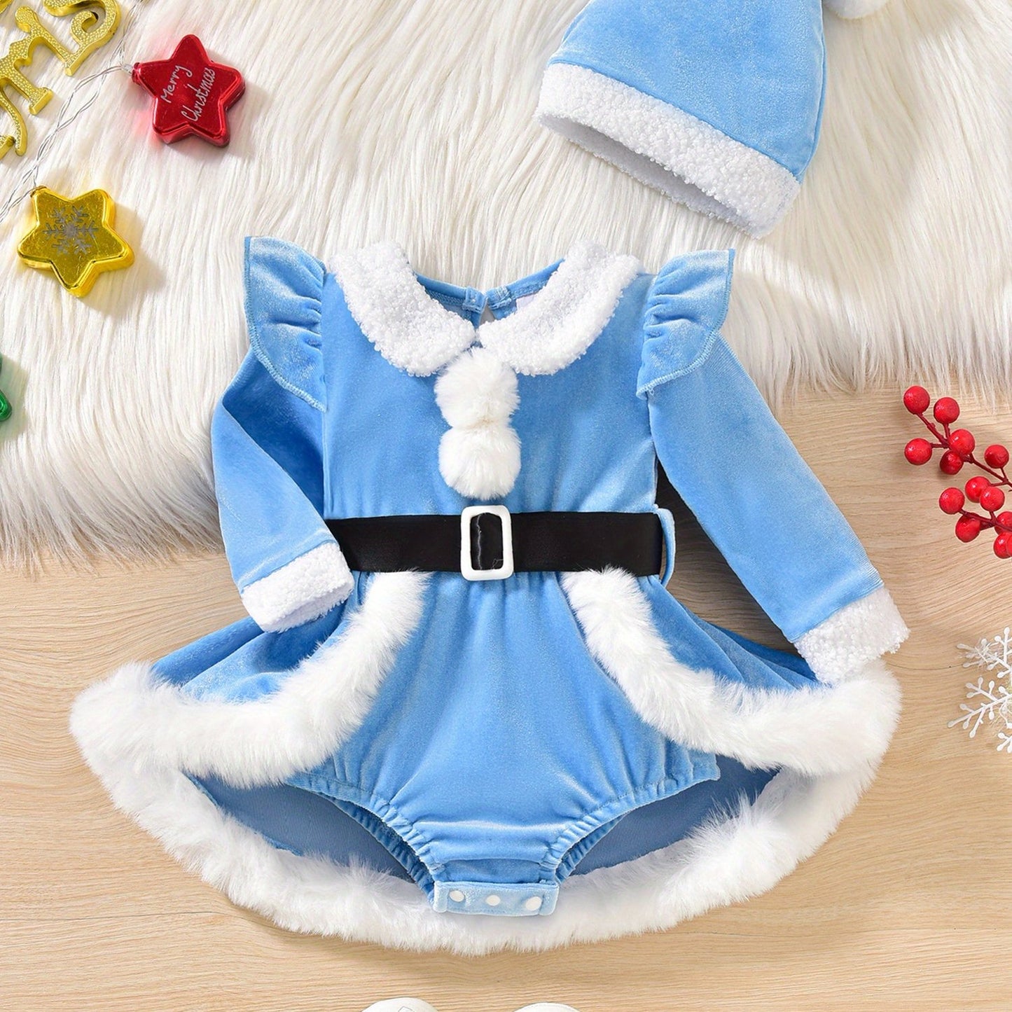 2pcs Set Baby Girls' Plush Patchwork Christmas Romper Dress & Hat Set - Soft Green & White Long Sleeve Jumpsuit with Ruffled Trim, Snap Closure, Cozy Winter Outfit for &, Machine Washable Holiday Outwear (Christmas Party Outf