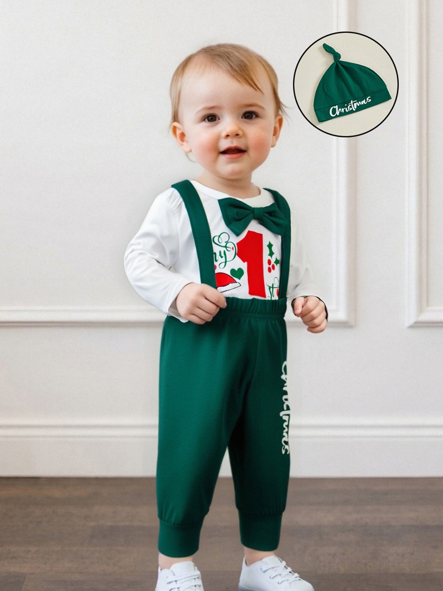 Newborn Baby Boy Fall Winter Christmas Letter Long Sleeve Round Neck Romper Elastic Waist Overall Pants with Hat Outfits, Perfect for Outdoor