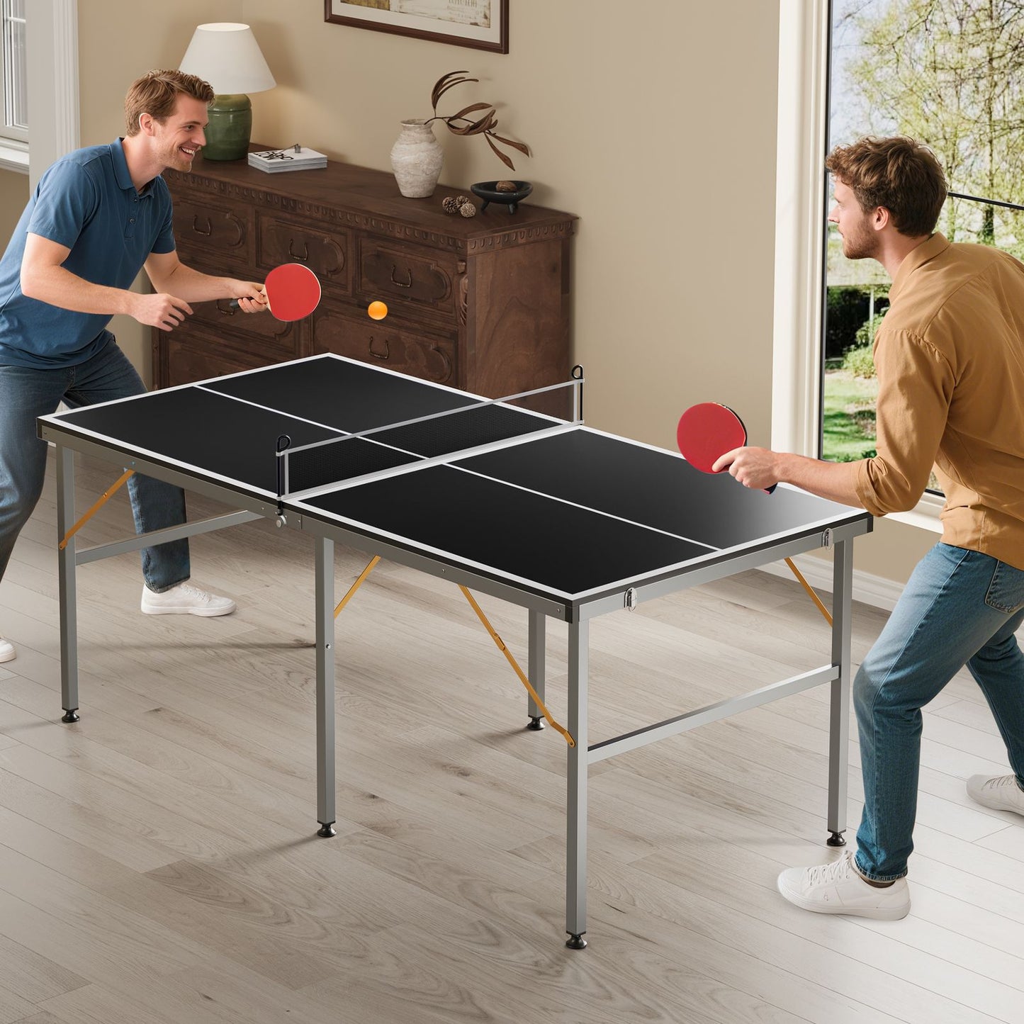 Portable 6x3ft Ping Pong Table Set in Black - All-Weather Design for Indoor and Outdoor Use, Includes Net, 2 Paddles, 3 Balls, Easy Storage