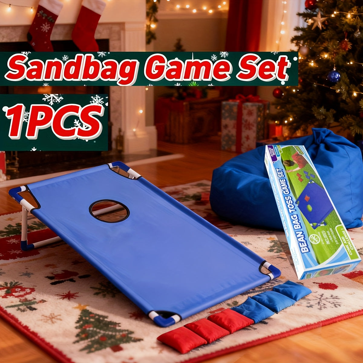 A Foldable And Sturdy Red And Blue Corn Hole Game Set, Perfect for Outdoor Gatherings, Camping Trips, And Backyard Fun. It Includes 6 Bean Bags And Does Not Need Batteries, Making It Ideal for Christmas And Halloween Celebrat