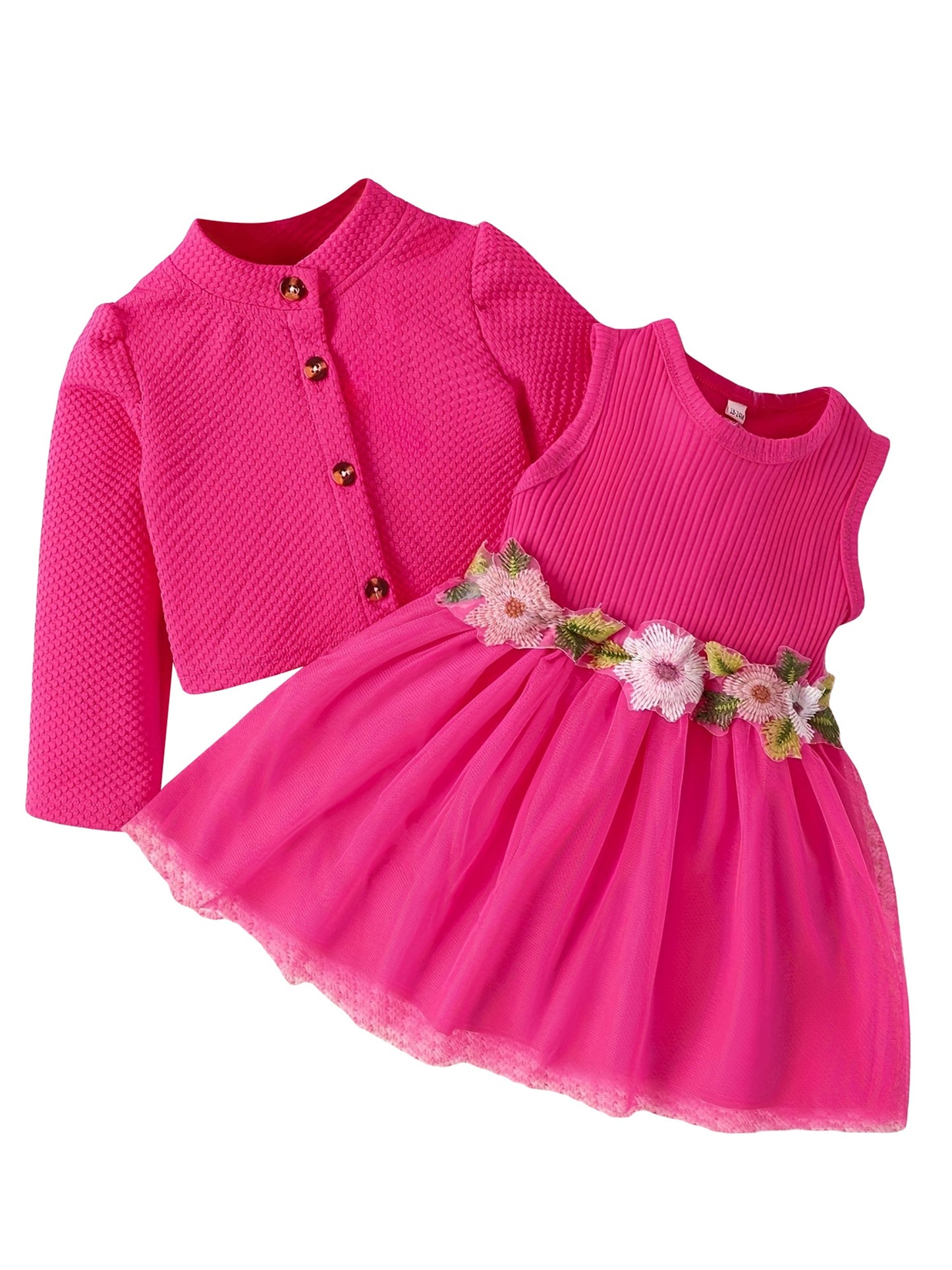 Baby Girl Fall Outfit, Long Sleeve Cardigan Coat Flower Embroidery Tulle Tank Dress 2pcs Set, for Outdoor