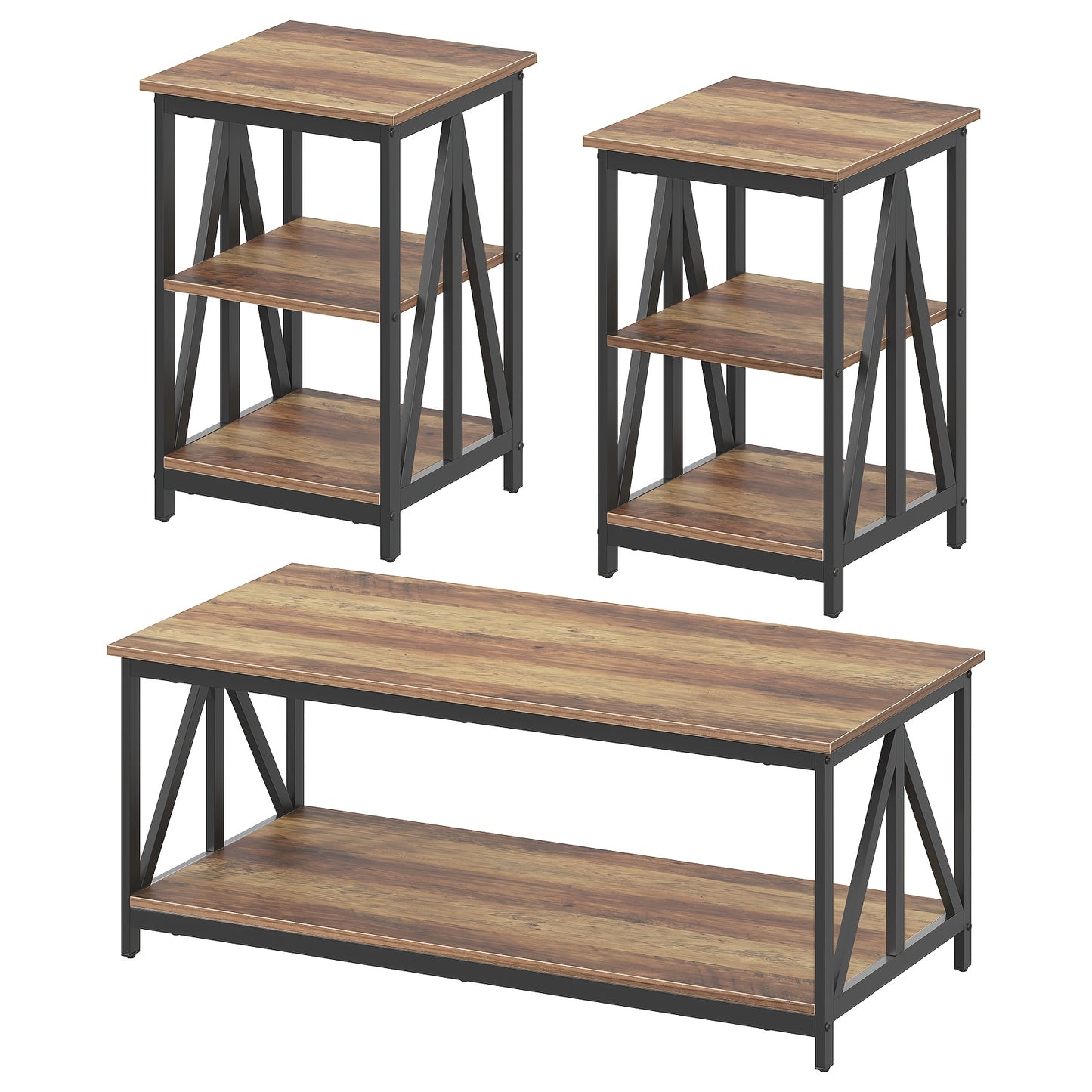 WuuFii 3pcs Living Room Table Set, Industrial Coffee Table with 2 Square End Side Tables, Coffee Table Set with Metal Frame for Apartment Home Office, Rustic Brown