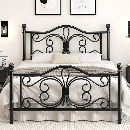 Single/Double/Queen Size Bed Frame with Under-Bed Storage, Metal Platform Bed with Vintage Butterfly Pattern Headboard and Footboard, No Box Spring Needed, Easy to Assemble, Noise-Free, White/Black