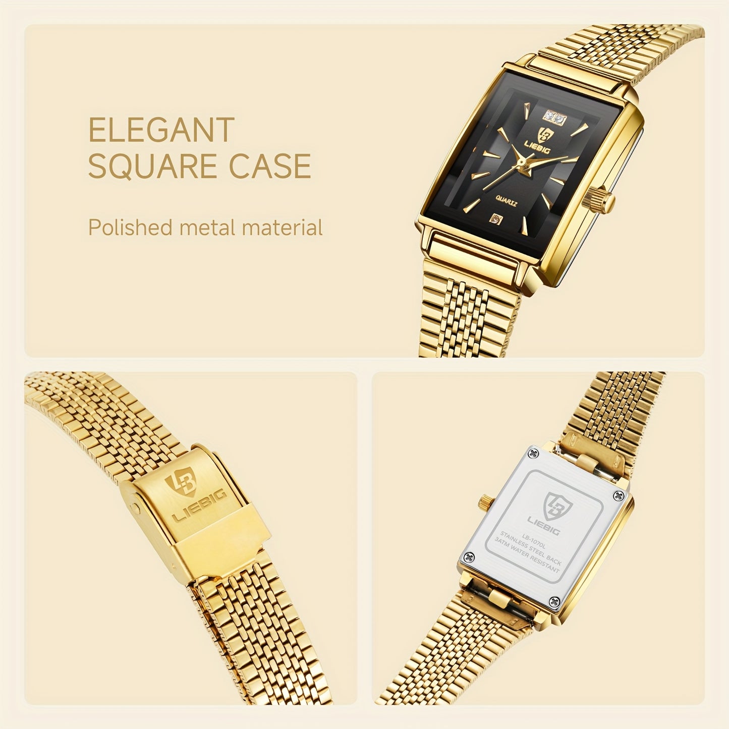 LIEBIG Luxury Women's Watch - Elegant Square Black Dial with Golden Markers, Adjustable Stainless Steel Band, Night Light & Quartz Movement, Perfect for Office & Special Occasions (Birthday/Anniversary Gift), Formal Accessory