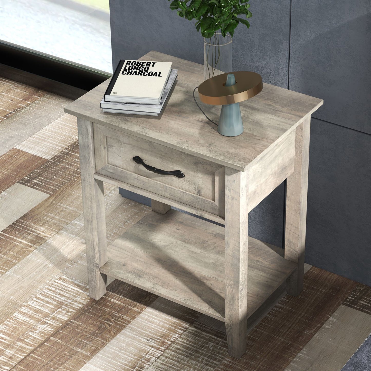 Modern Industrial Side Table with Storage Drawer & Open Shelf - Bedside Table Suitable for Bedroom, Living Room, Dorm - Easy Assembly Compact Furniture with Low Profile, Space-Saving Cabinet/Shelf Unit