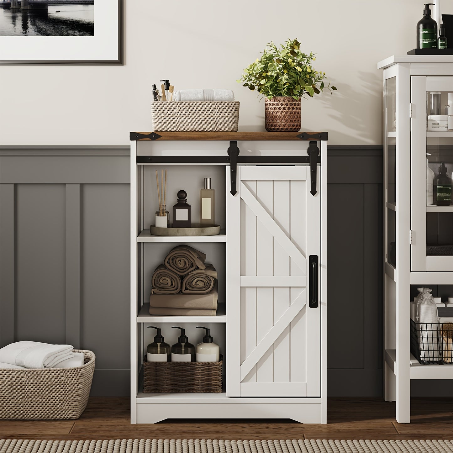 Farmhouse Bathroom Floor Storage Cabinet | 4 Small Drawers for Easy Sorting, Hardwood, White, VABCHES