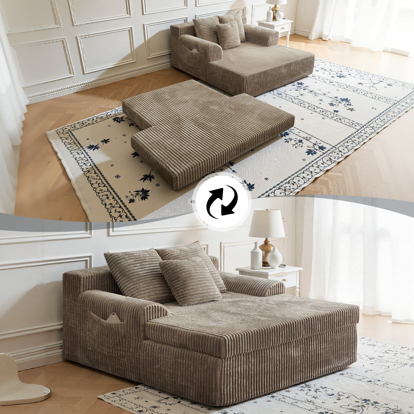 Chaise Lounge Chair Indoor, Corduroy Upholstered Deep Seat Sofa Couch, Cloud-Soft Boneless Lounger, Comfy Reading Chairs For Living Room & Bedroom, No Assembly Required