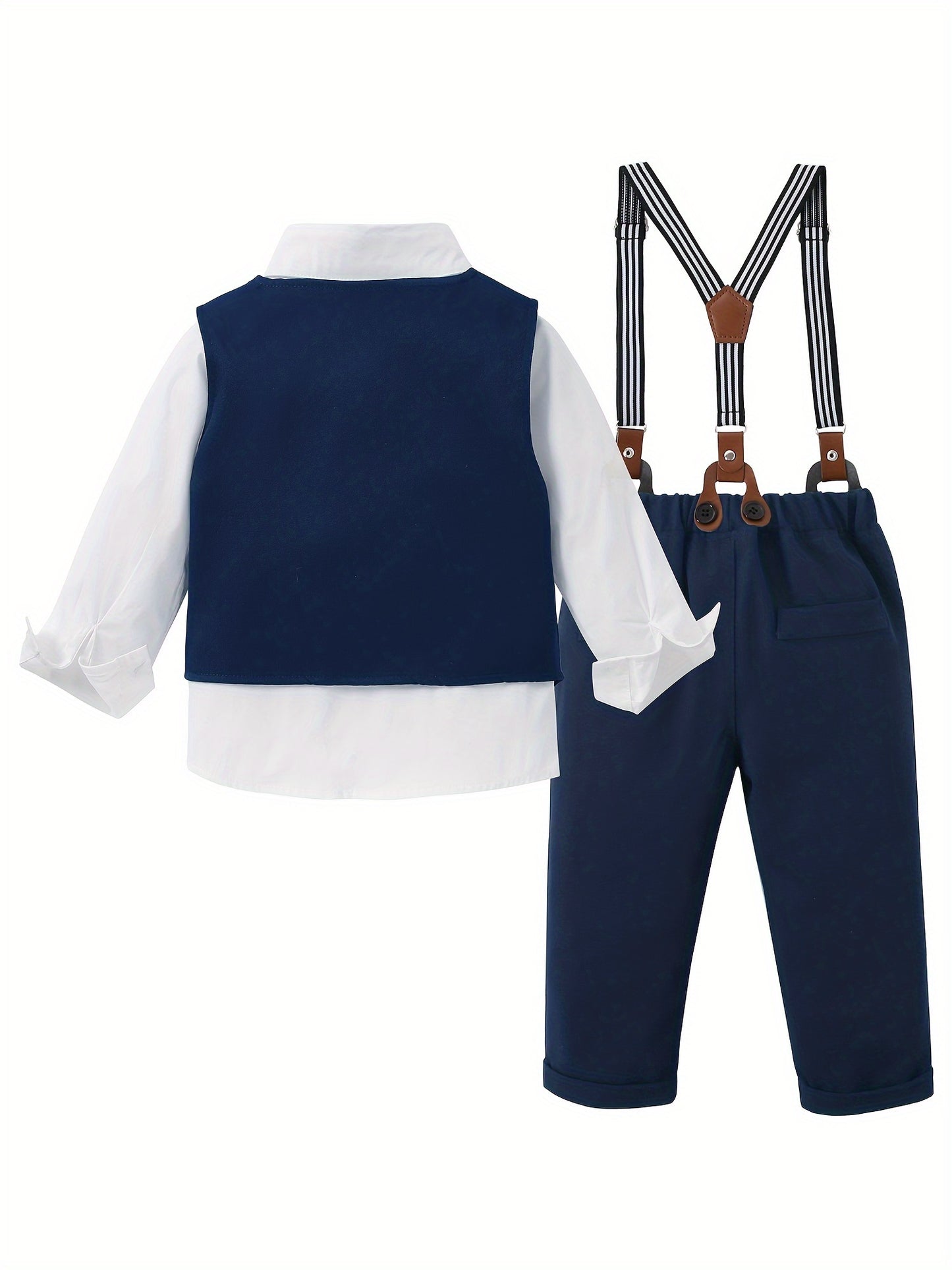 4pcs Boy Clothes Suit Gentleman Wedding Outfits Formal Dress Shirt/Bowtie/Vest/Suspender Pants 1-5T, Special Occasion Outfit, Toddler Wedding Attire, Elegant Toddler Outfit, Classic Baby Suit, Comfortable Toddler Clothes, Dur