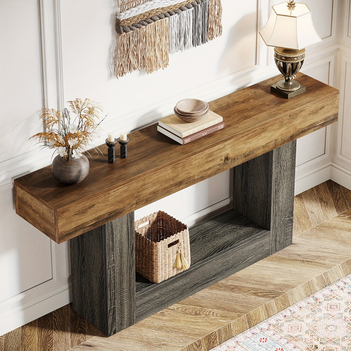 63" Modern Farmhouse Console Table with U-Shaped Base & 2-Tier Shelves - Rustic Brown & Grey Entryway Sofa Table, Engineered Wood/Particle Board, Easy Assembly, Behind Couch Table for Living Room, Hallway, Foyer