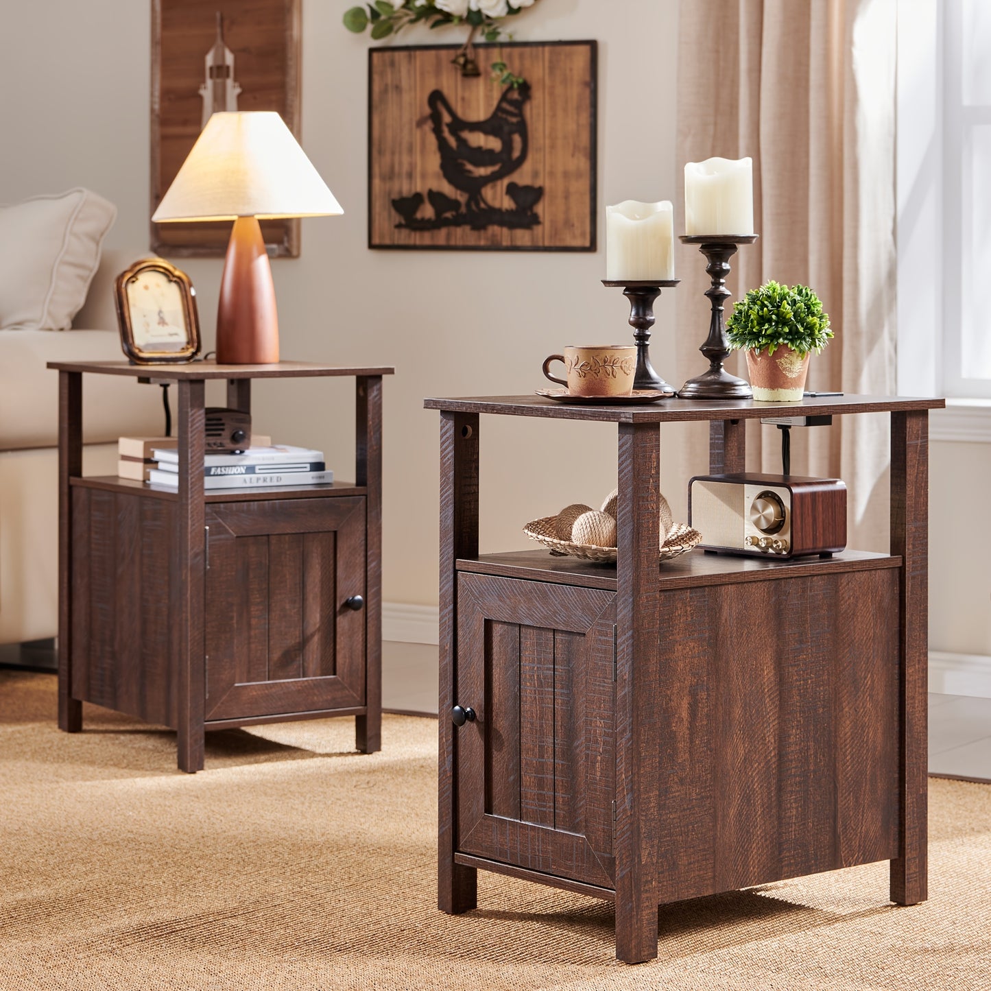 Farmhouse Nightstand Set Of 2 with Charging Station, End Table with Drawers And Storage Shelves for Living Room Bedroom