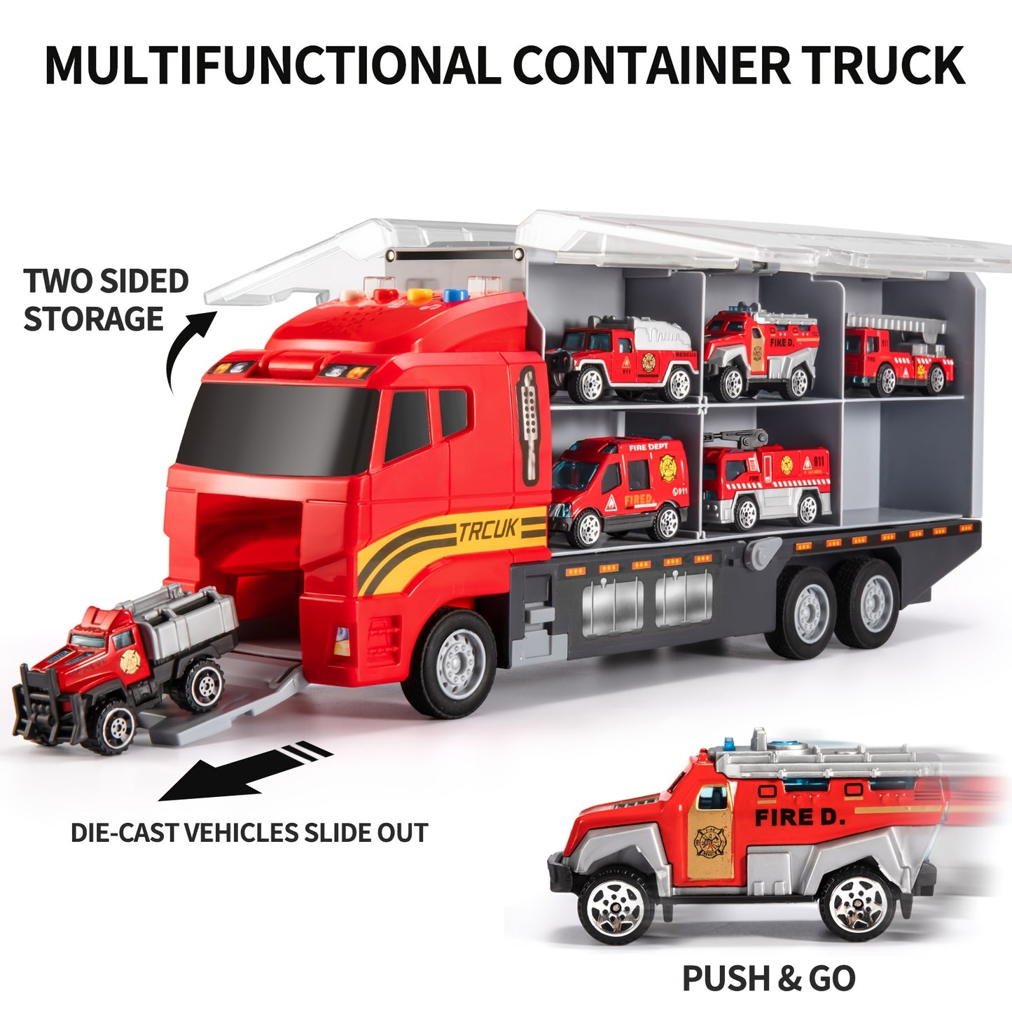 Die-Cast Metal Fire Truck Toy Set with Play Mat - Red & Black Carrier Truck, 4 Fire Engines, 2 Ladder Trucks, and 2 Rescue Vehicles - Perfect Christmas or Birthday Gift for Boys & Girls Ages 3-6, Fire Truck Toy, Playful Desig