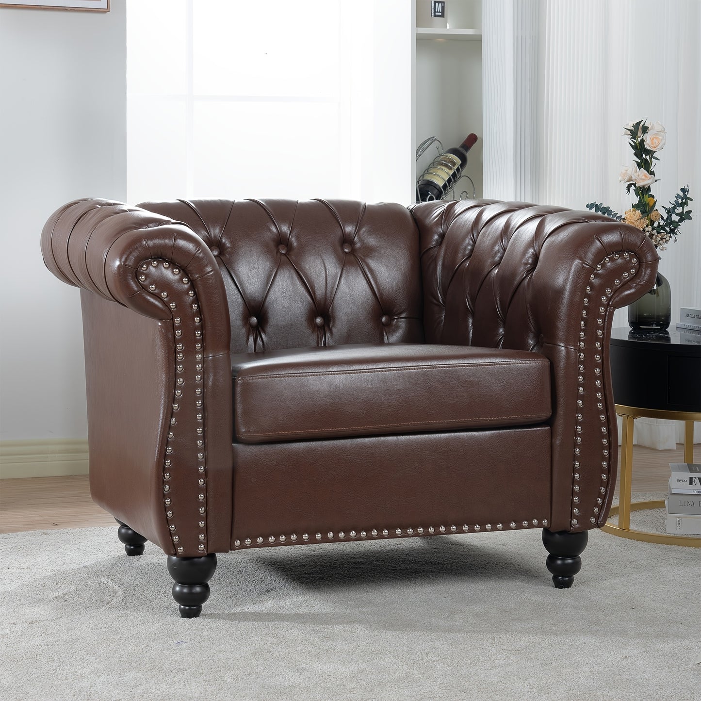 Faux Leather Chesterfield Chair, a Modern Medieval Single Sofa, Plush Upholstered Armchair with Curved Arms for Home Bedroom Reading Room