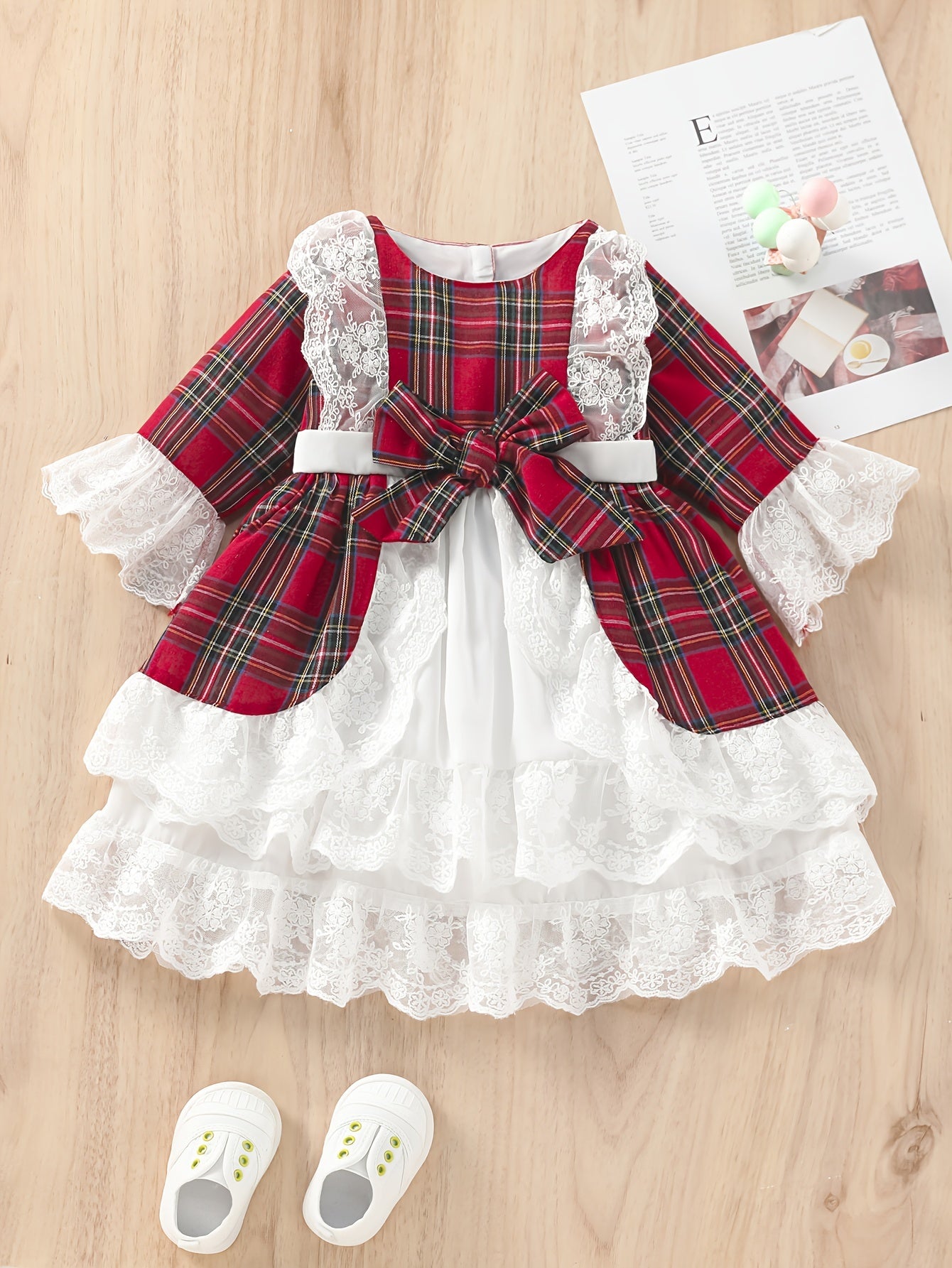 Red White Plaid Christmas Halloween Girls Dress with Full Lace Trim and Oversized Bow, Holiday Party Outfit