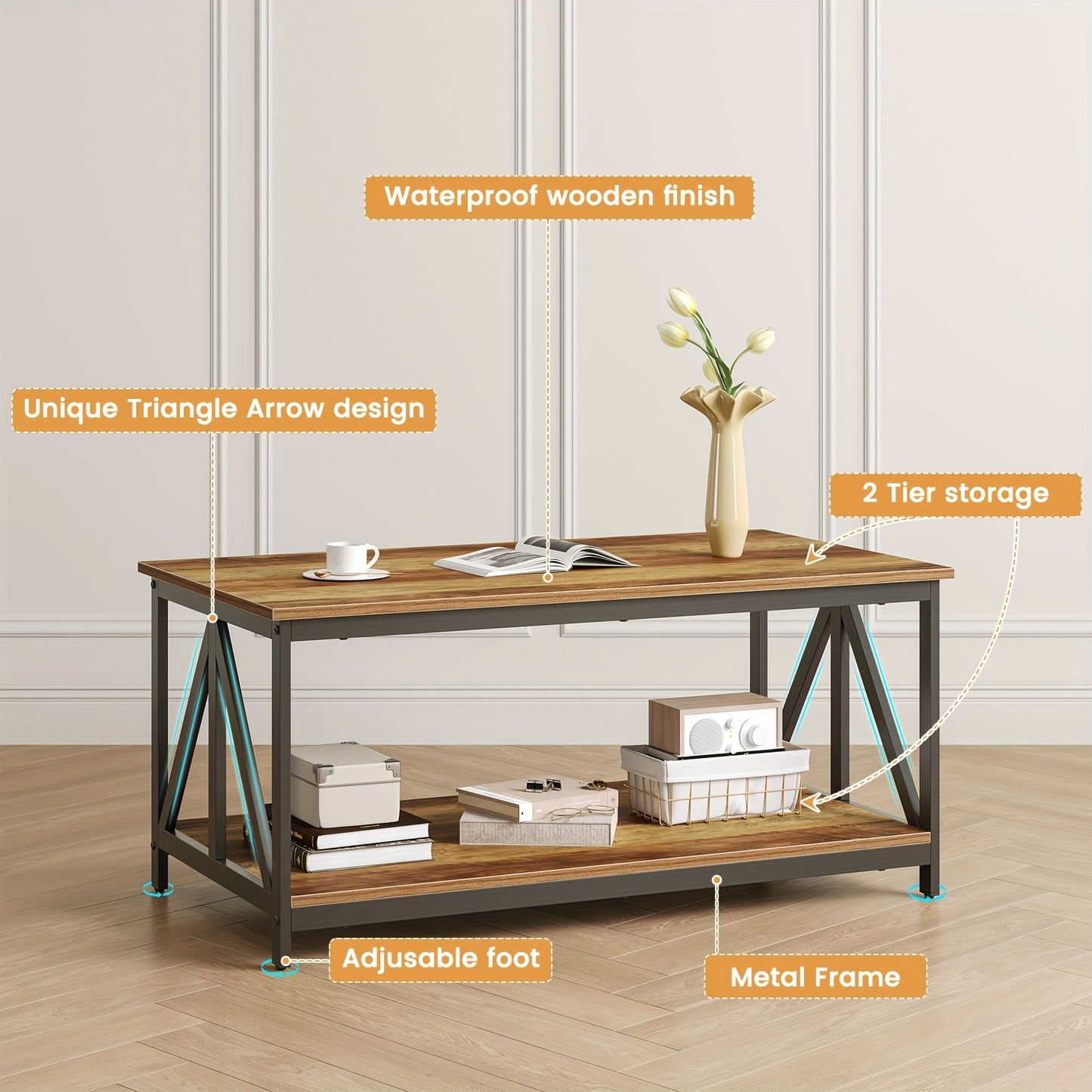 WuuFii 3pcs Living Room Table Set, Industrial Coffee Table with 2 Square End Side Tables, Coffee Table Set with Metal Frame for Apartment Home Office, Rustic Brown