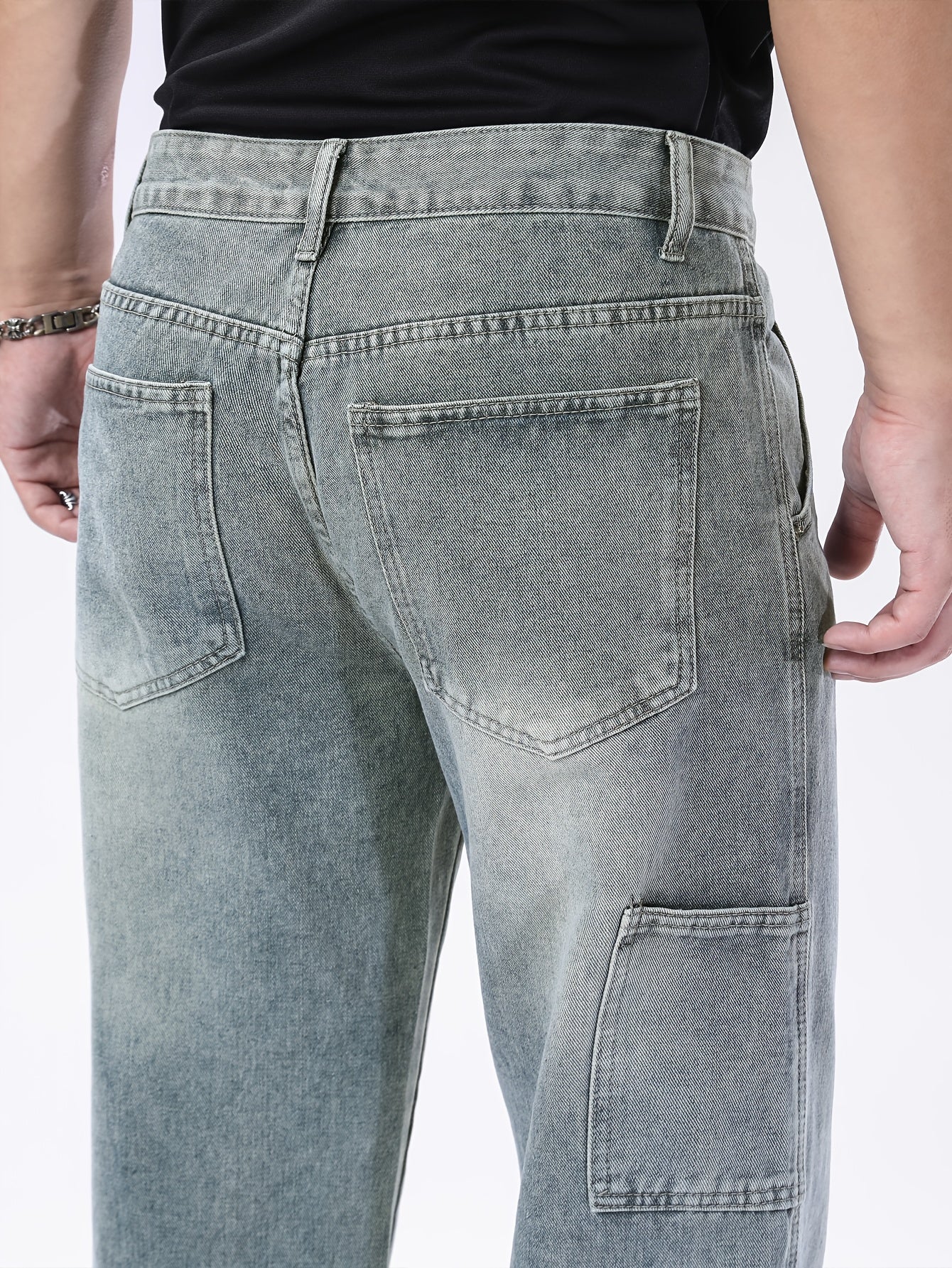 Men's Heavyweight 100% Denim Straight-Leg Jeans - Light Wash Vintage Look, All-Season Comfort, Classic Five-Pocket Design (Kangaroo Pocket & Cuffed Hem) - Casual & Formal Wear, Machine Washable - Navy Blue Bicycle Style Trous