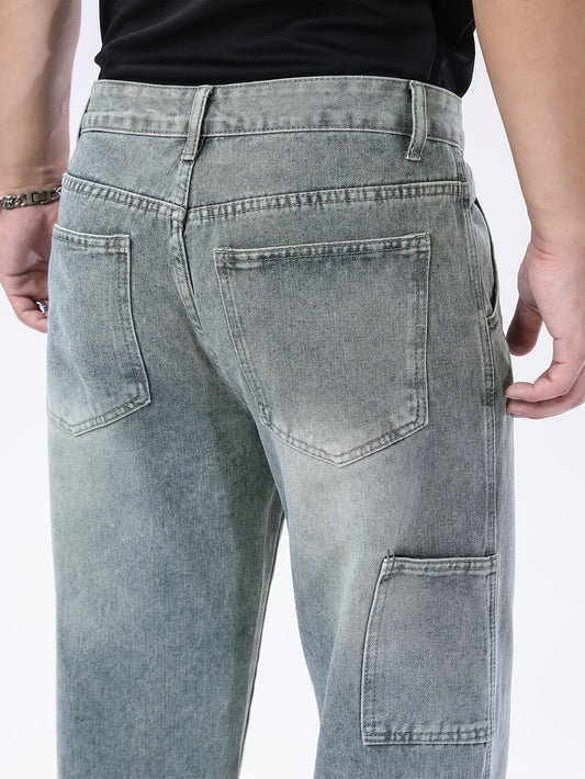 Men's Heavyweight 100% Denim Straight-Leg Jeans - Light Wash Vintage Look, All-Season Comfort, Classic Five-Pocket Design (Kangaroo Pocket & Cuffed Hem) - Casual & Formal Wear, Machine Washable - Navy Blue Bicycle Style Trous