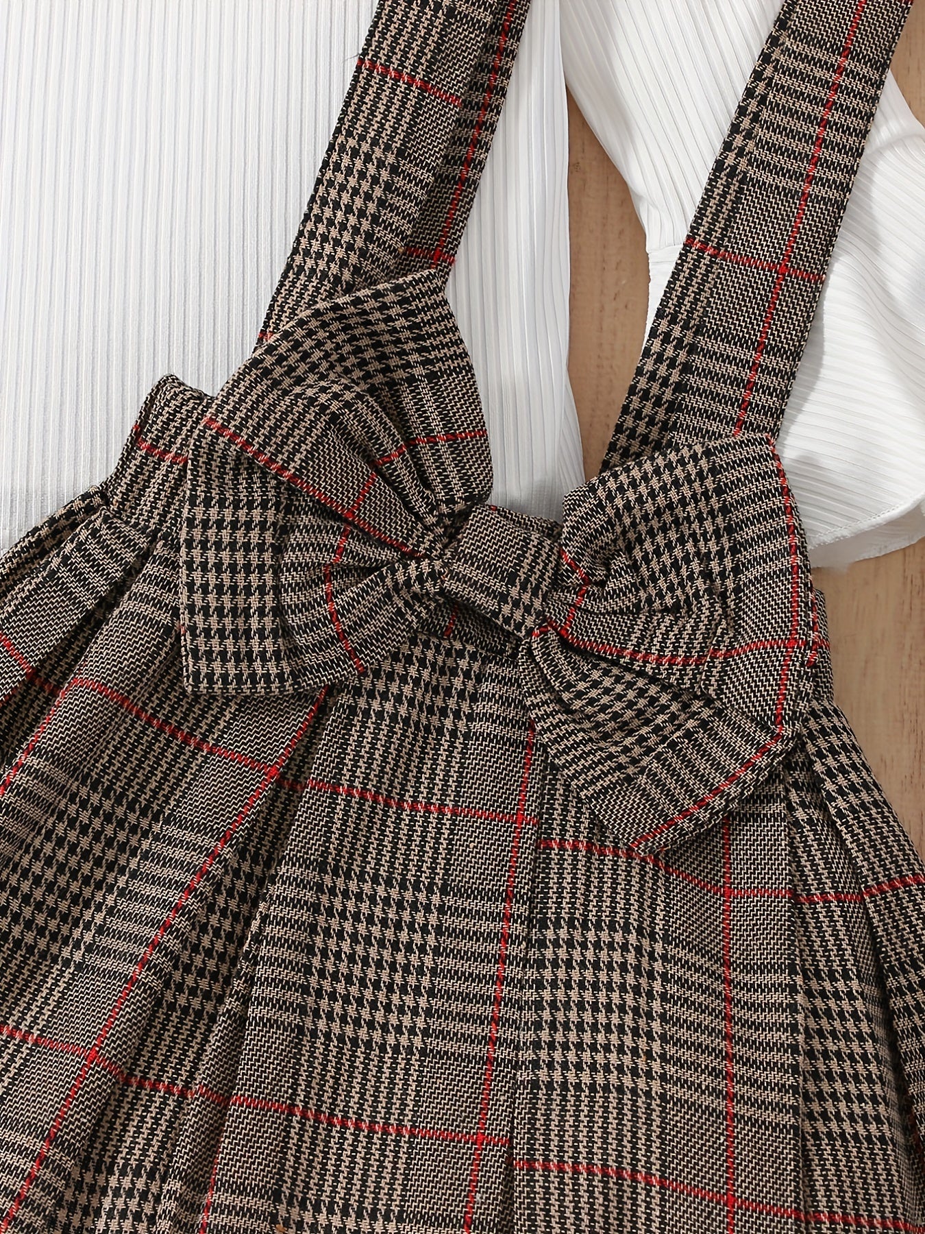 Ribbed Knit Top with Plaid Suspender Skirt Set, Kids Halloween Christmas Party Outfit, Bell Sleeve And Bow Detail