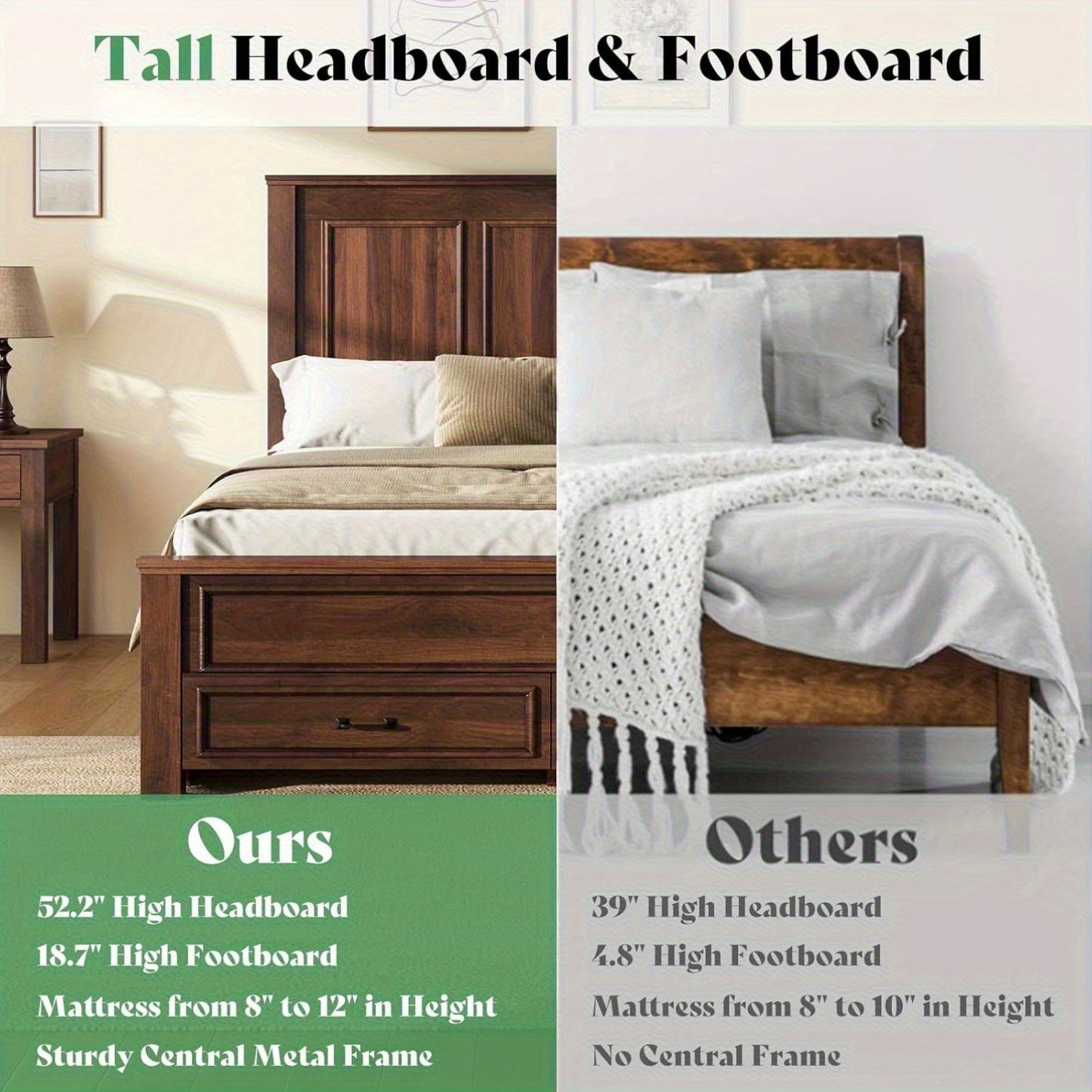 Wooden Platform Bed Frame Featuring a Tall 52.2" Headboard And Footboard, Along with Two Spacious Storage Drawers.