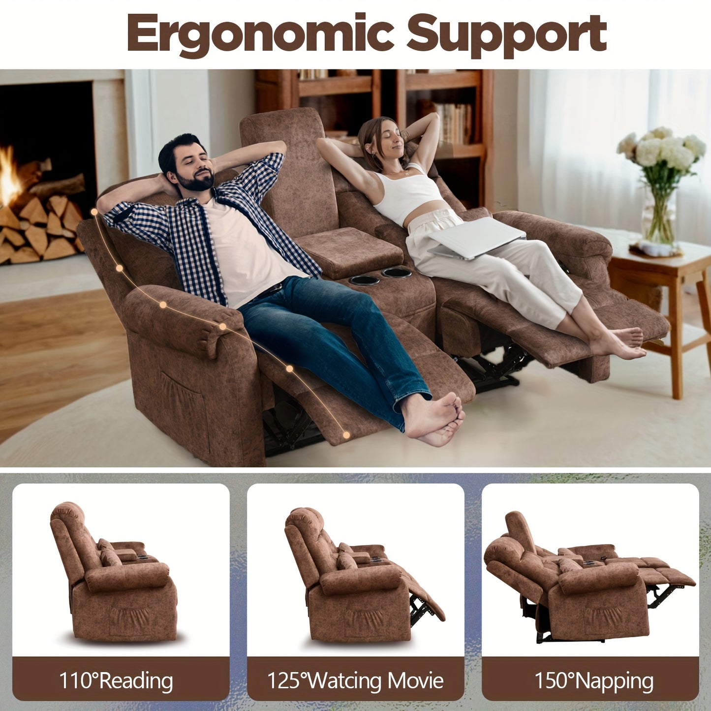 Manual RV Loveseat Recliner | Brown Velvet Cushion-back Sofa with Console, Cup Holders, Pockets for Living Room and Home Theater Seating, Metal Frame, Contemporary Style by VUYUYU