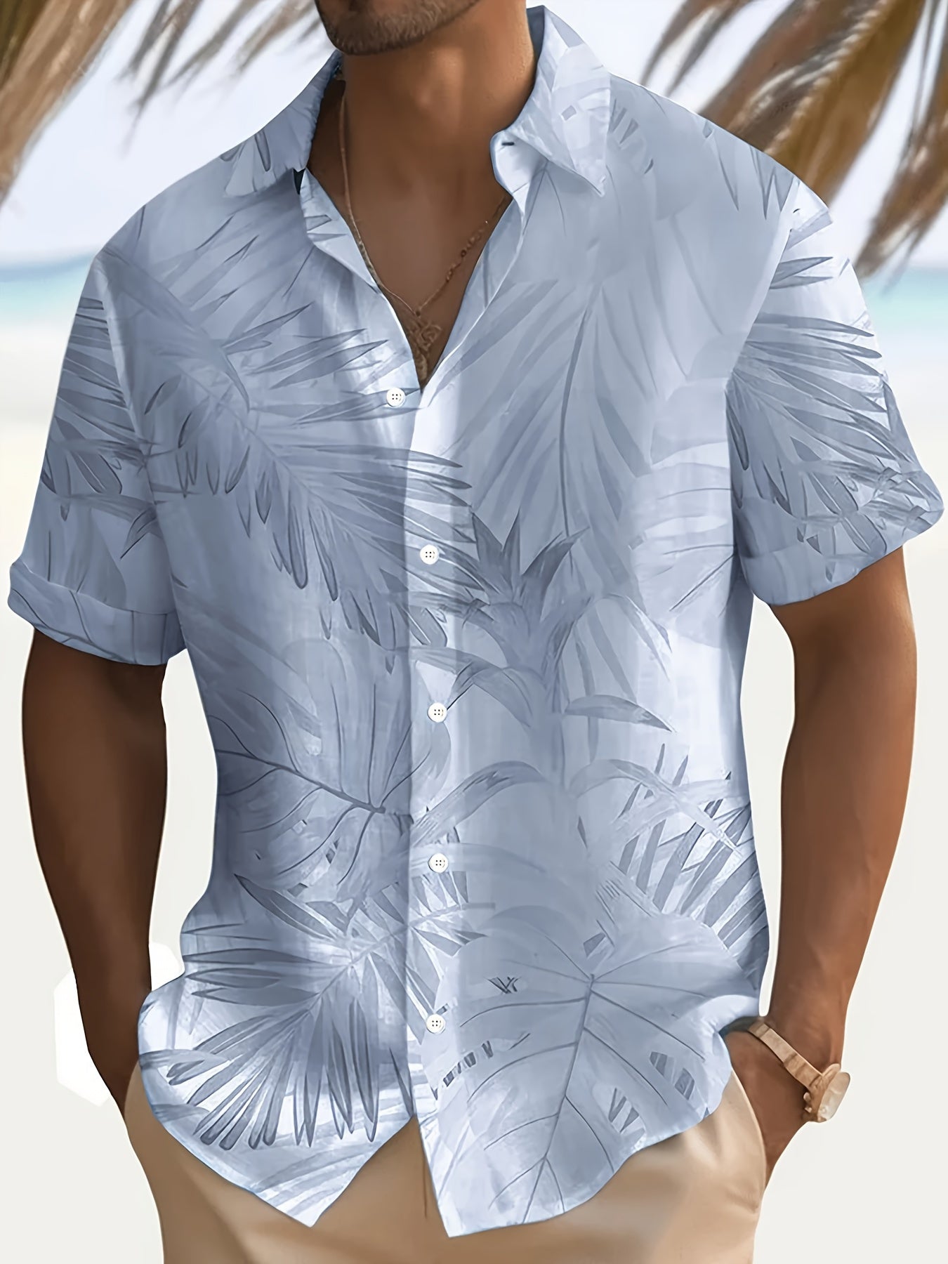 Men's Lightweight Summer Shirt - Beige Tropical Leaf Print Button-Up, Soft Polyester Fabric Relaxed Fit Shirt with Chest Pocket for Beach, Office, Formal Events - Wrinkle-Resistant Casual Formal Attire, Cute Shirts for Summer