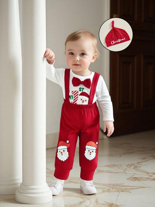 Newborn Baby Boy Fall Winter Christmas Letter Long Sleeve Round Neck Romper Elastic Waist Overall Pants with Hat Outfits, Perfect for Outdoor