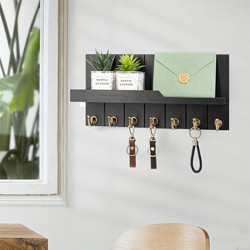A Easy Wooden Wall-Mounted Shelf with 7 Hooks, a Floating Storage Organizer, Key And Mail Holder, Minimalist Design, Suitable for Home Living Rooms, Bedrooms, And Bathrooms, Easy to Install