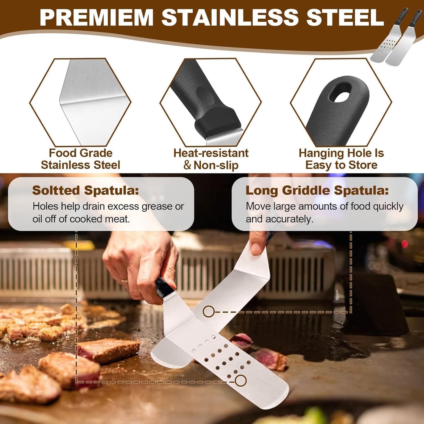 14 count Griddle Accessories Kit, Flat Grill Accessories Set for Blackstone and Camp Chef, Grill Spatula Set with Enlarged Spatulas, Scraper for Outdoor Barbecue