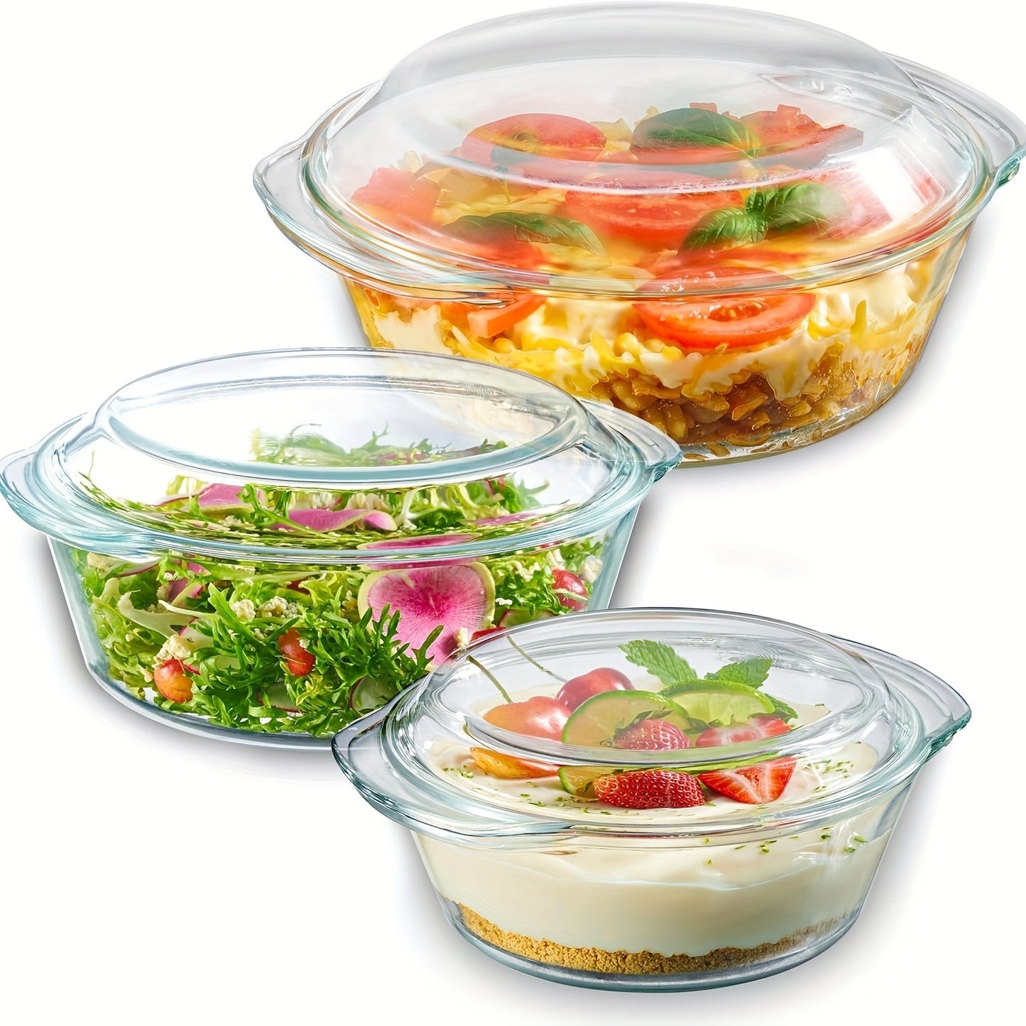 6- Glass Tureen Dishes for Oven- Durable Borosilicate Glass Bakeware Set with Lids, Microwave Safe, Versatile Round Covered Baking Dishes. Clear Casserole Cookware., Oven Safe Dishes, Kitchen Cookware, Modern Bakeware, Stylis
